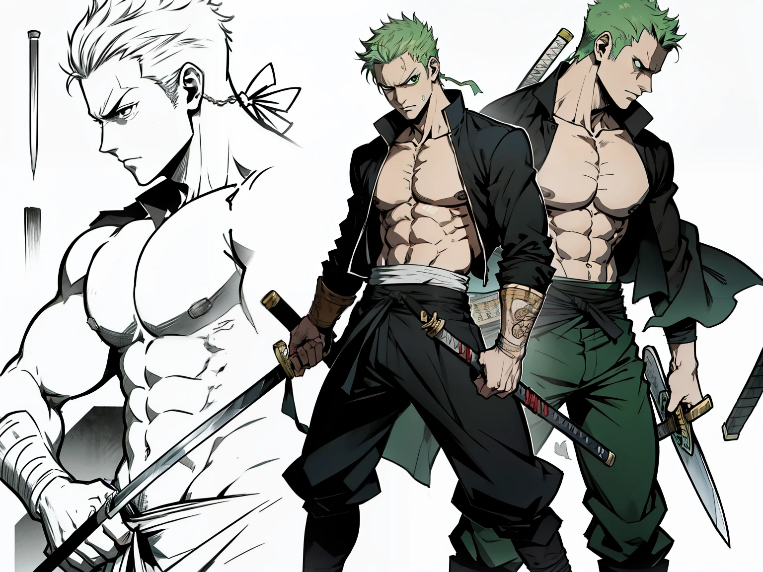roronoa zoro shirtless with his swords standing in a heroic pose