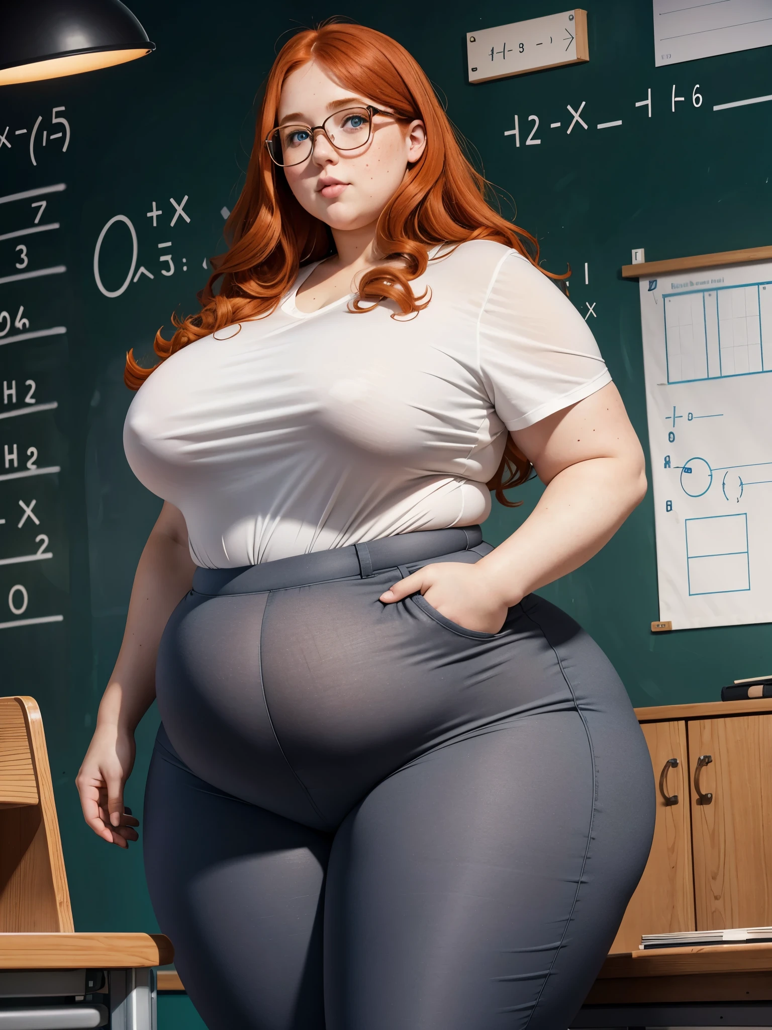The most obese beautiful obese ussbbw fat redhead female math teacher with extremely wide thights, long rich curly natural ginger hair, beautiful face, blue eyes, glasses, freckles on face and body, obese ussbbw fat feminine body, huge bloated belly, wide hips, fat huge booty, thicc fat legs in gray pants, white shirt, black stockings, teaching mathematics in a classroom
