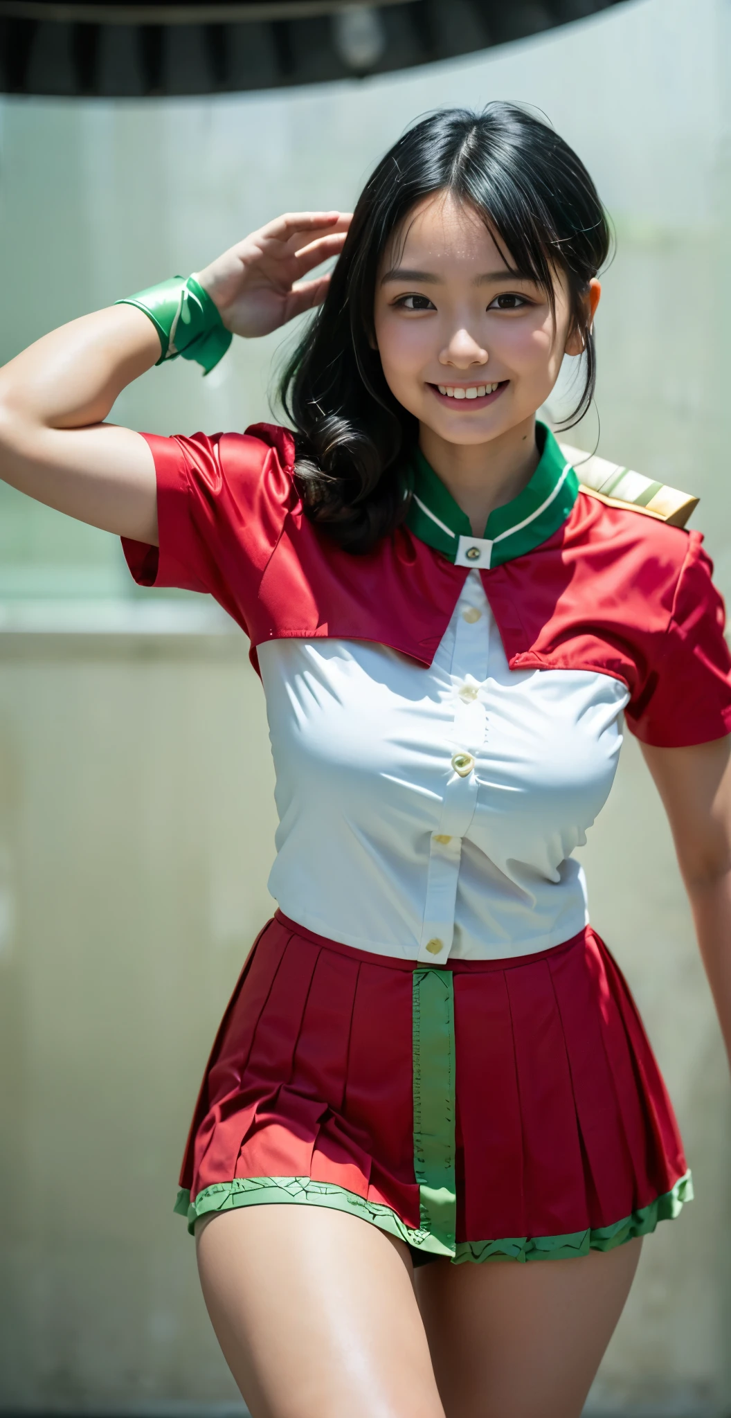 (8K、Raw photography、highest quality、masterpiece:1.2),(black hair:1.9),show viewer,Looking at the front,erotic,white skin,(She is wearing the costume of the beautiful girl warrior Green Ranger.:1.8)、(Clothing that emphasizes the shape of your chest:1.4)、(big breasts:1.2)、slim body shape、ultra high resolution,beautiful,beautiful fece,(alone, alone、no background:1.9),whole bodyボディー,japanese woman,(Photoreal:1.37)、photon mapping,reality、(Cute with a : 1.4)、(cute smile: 1.7)、(With a round face: 1.8)、radio city、Physically based rendering、depth of field rally background、photograph, (I can see your knees,close up of thighs、too short skirt:1.5),whole body、super fine