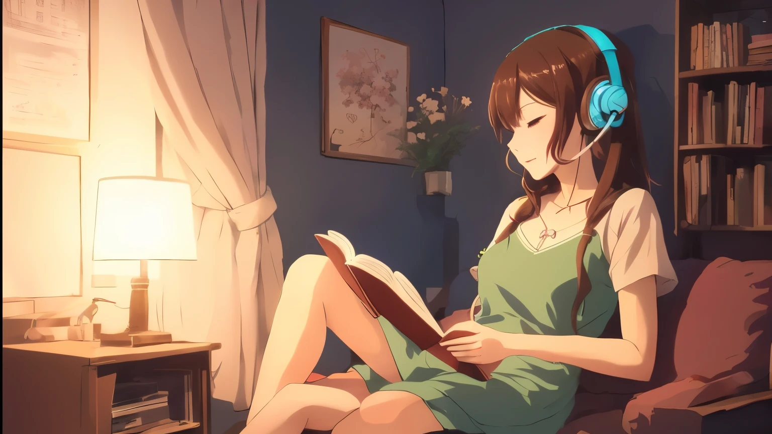 Anime girl wearing headphones and reading a book while sitting on the sofa, lofi girl, Lofiatostyle, Lofiato, lofi girl aesthetic, portrait of lofi, In the style of Atei Gai Ran, relaxed atmosphere, anime art wallpaper 4k, anime art wallpaper 4k, Lofi feeling, Inspired by Atay Gailan, anime aesthetics
