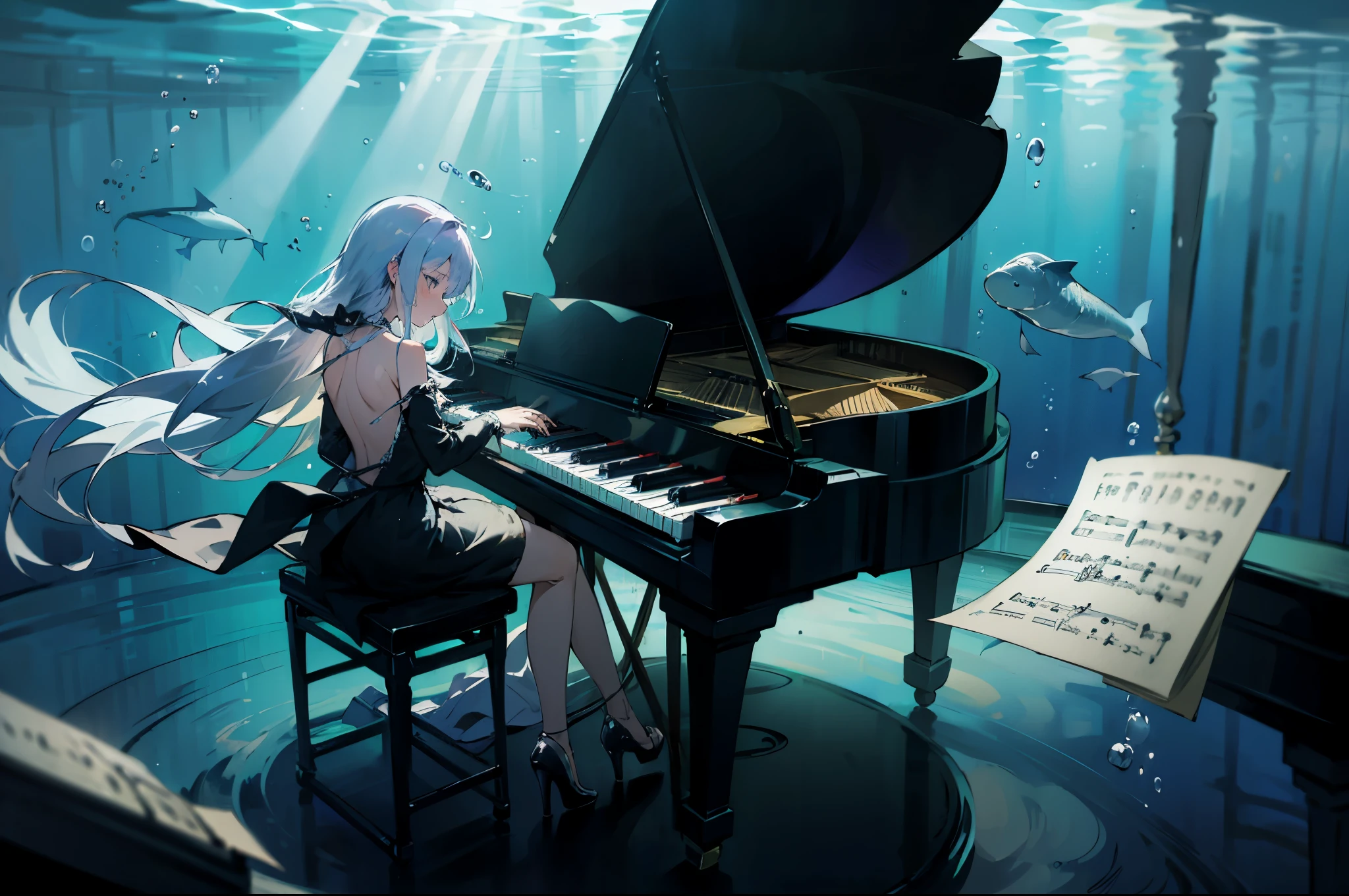 (masterpiece:1.3),(best quality:1.2),8k,absurdres,unity 8k wallpapper,(extremely detailed:1.3),highestres,
1girl,backless black dress,(playing piano:1.2),sitting,chair,(Entranced:1.3),realistic,dim light,light beam,performance,(god rays:1.1),(floating papper:1.3),music score,(floating long hair:1.2),opened eyes,Black high heels,blury,fish,(whale),(underwater:1.2),bubble, floating clothes,Purple theme,White hair,glowing magic power,