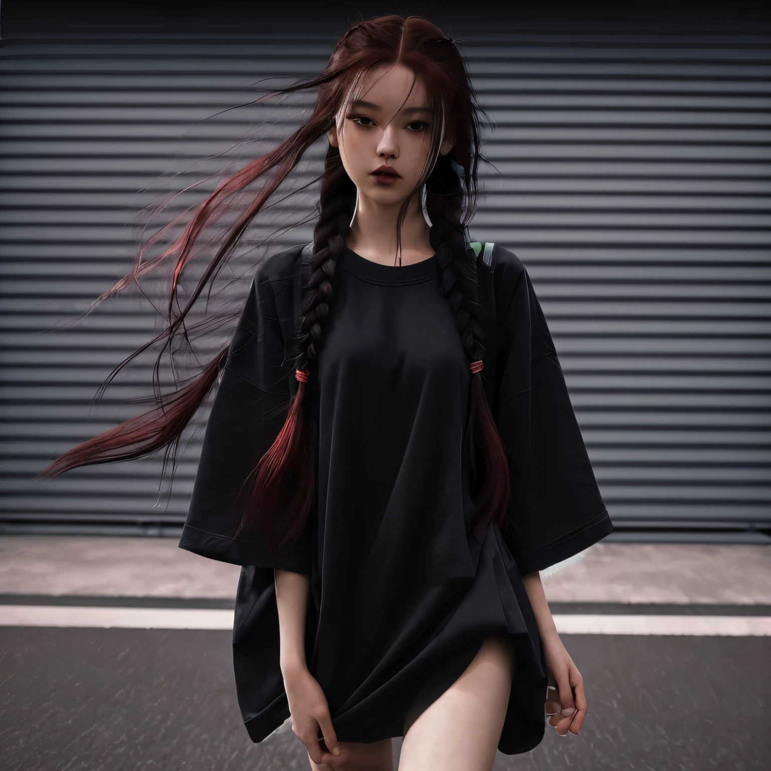 18 years old full body shoot, hyper realistic photo,(((braid red hair))), stand model pose, black eyes, teen goth japanese girl, black hair moving by winds, (8K, High resolution,ultra-quality, An ultra-high picture quality, Ultra realistic, Best Quality, master piece:1.2), (teenage girl japan), big breast, nipple see thru clothes, (((skirt lift by myself))), (lifted by self), little upskirt naturally by winds tease her cute pink panties,, blush, wearing very long oversize black t-shirt, very shorts black hotpants, net stockings white nike sneakers, eyes visible through hair, Proper eye position, Cinematic Light, Soft light,lower back, detailed color graded background, Convoluted, highly detailed,8K, Overall silhouette, night scene, gig stage concert environtment, high detailed, wallpaper quality, good anatomy, correct body, hand & fingers anatomy (lora:add_detail:0.8)