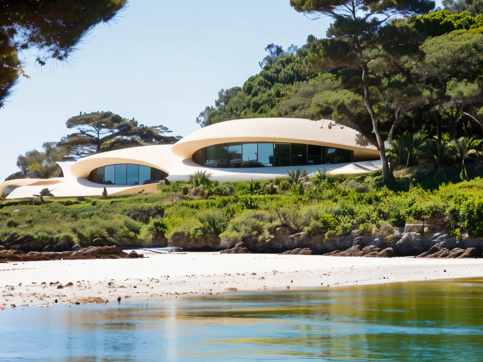 foto crua, (biomorphic museum building seen from outside), (paredes com texturas africanas), ((front elevation)), (limestone), Curvilinear, bordas curvas, Mediterranean sea environment, white sky, (luz difusa:1.3) (areia Branca), estilo minimalista, particulas sujas, fotografia de arquitetura, hiper-realista, super detalhado, 8k, Nikon Z6 mirrorless camera, Film grain