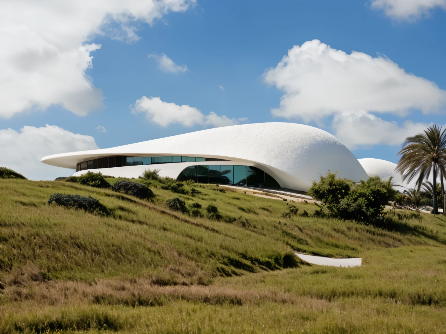 foto crua, (biomorphic museum building seen from outside), (paredes com texturas africanas), ((front elevation)), (limestone), Curvilinear, bordas curvas, Mediterranean sea environment, white sky, (luz difusa:1.3) (areia Branca), estilo minimalista, particulas sujas, fotografia de arquitetura, hiper-realista, super detalhado, 8k, Nikon Z6 mirrorless camera, Film grain