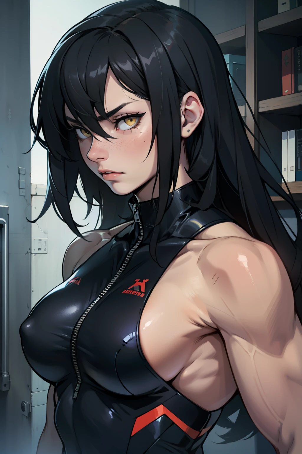 muscular girl black hair yellow eyes pale skin sad expressionless breasts