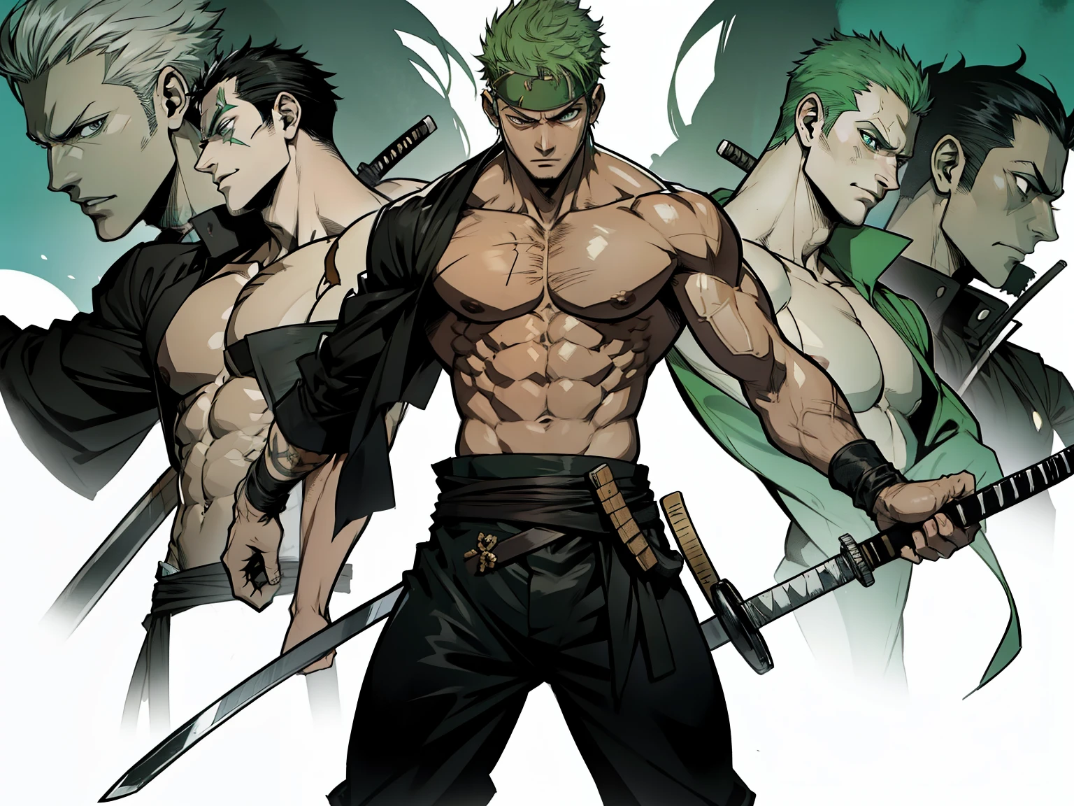 roronoa zoro shirtless with his swords standing in a heroic pose