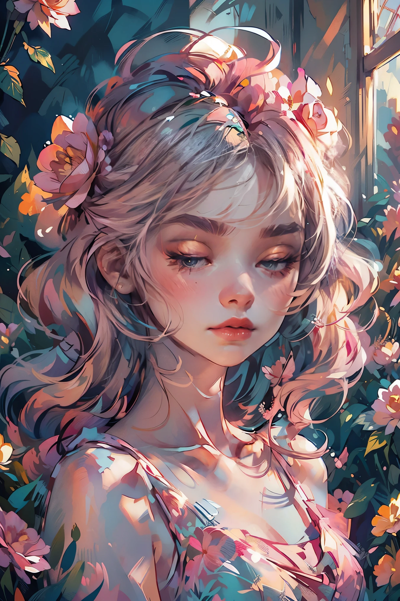 (a girl, solo exhibition, flowers, dress, blonde hair, closed eyes, pink flowers, roses, lying, white dress, pink roses, in the background, lips, makeup, sleeveless, floral print) (best quality, 4k, 8k, highres, masterpiece:1.2), ultra-detailed, (realistic, photorealistic, photo-realistic:1.37), HDR, UHD, studio lighting, extreme detail description, professional, vivid colors, portraits, pastel colors, soft lighting
