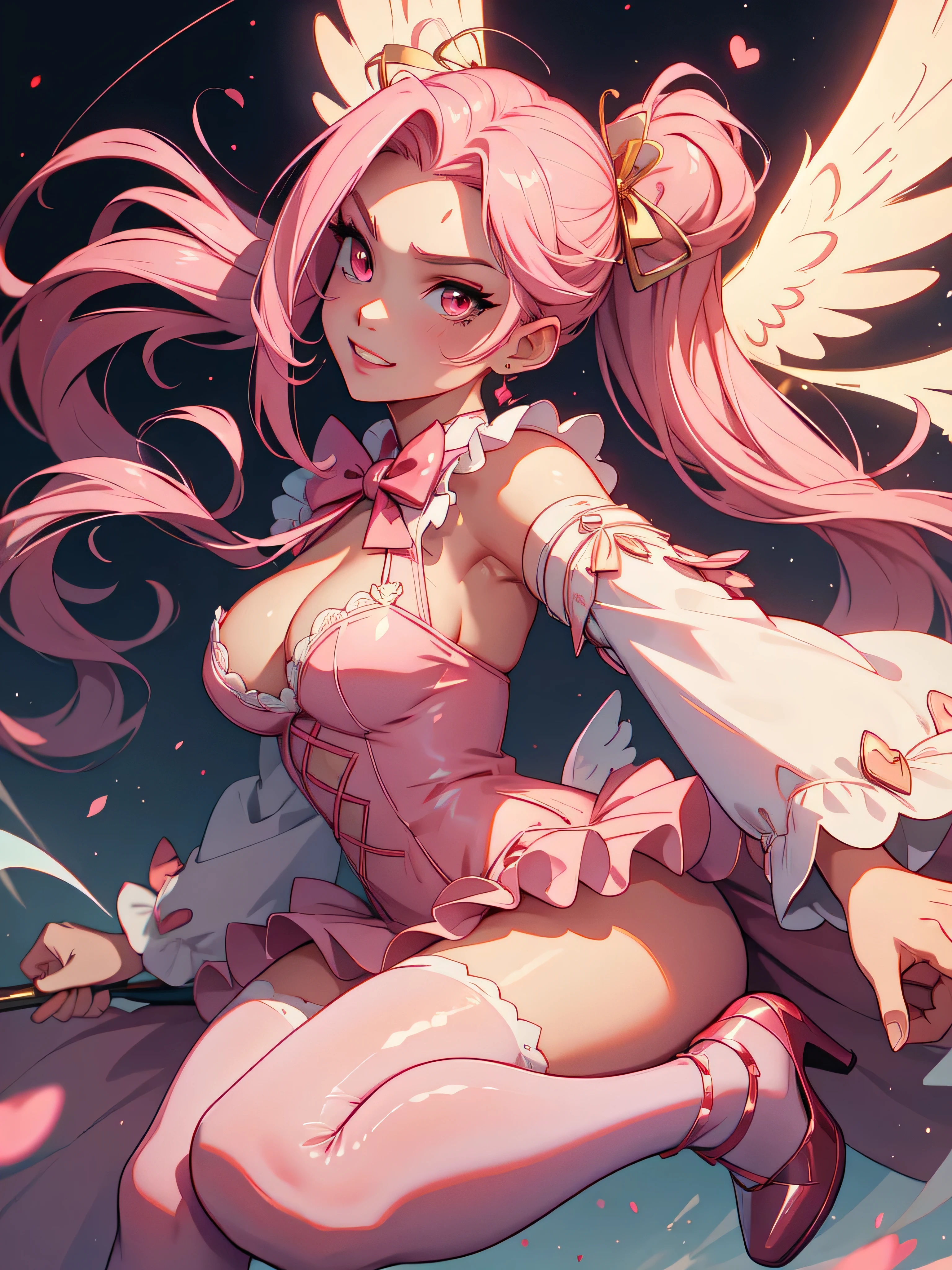 bright skin:1.2+, pink hair++++, twintails++, red eyes+++, plump lips++ thick lips, angel wings+++, heart symbols++++, bow symbol+, halloween pumkin+, red sky, black clouds+, blood splatter++, blooc on face++, streetlight, magical wand+, pink wand+, love wand+, white robe++, jewelry+ short skirt, gold strap+, detailed clothes+, halo++, eyelashes+, evil smirk+++, thick thighs++, pink heels++, detailed shoes+, extremely detailed artgerm, detailed eyes, 4 k digital art, smooth art, close up, lacepantyhose, leaning forward, selfie++, facing forward, front view++, smilling, sexy, perfect hands, realistic hands