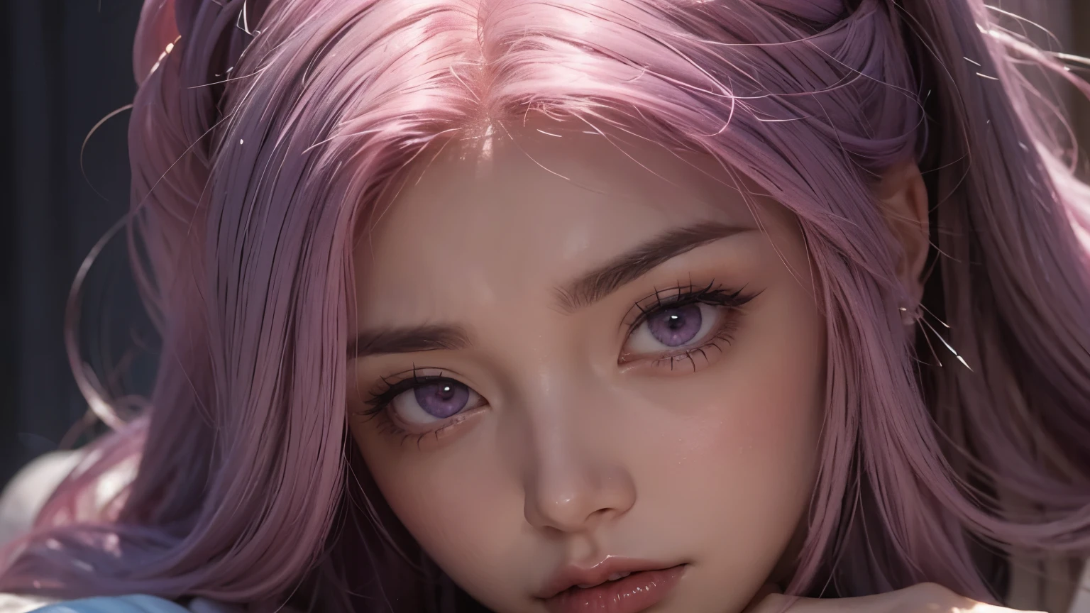 A angry mommy with long light pink soft purple hair, perfect big booba , good quality, detailed beauty face