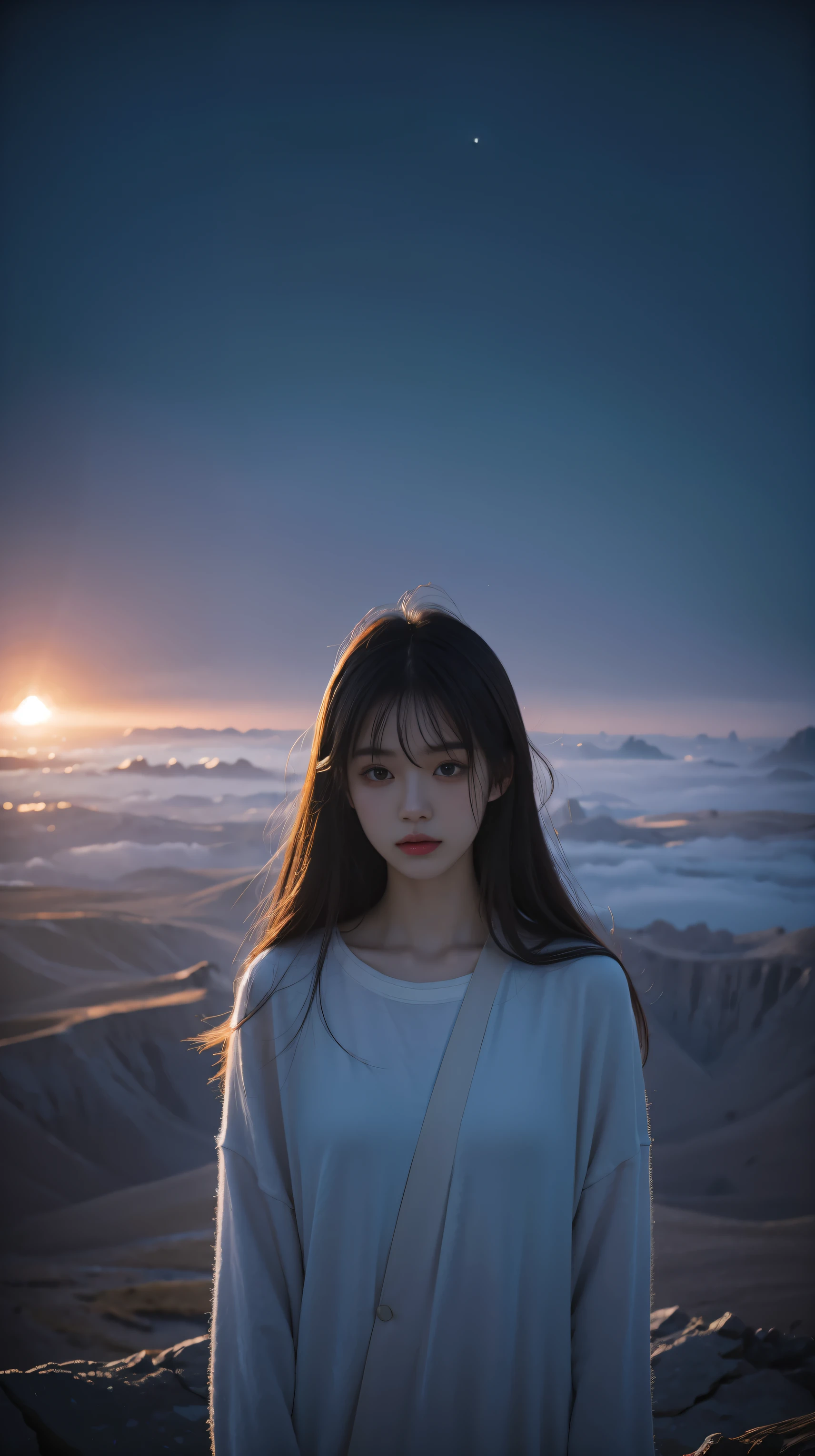 beautiful Girl \"nffsw\",Outer space,DryRocks Environment,Interstellar,surrealism,Dreamy dim sunlight. minimalism,天空,amplitude,Faint accent lights,Film grain,Horror Pictures,Foggy and foggy atmosphere,lightly dressed