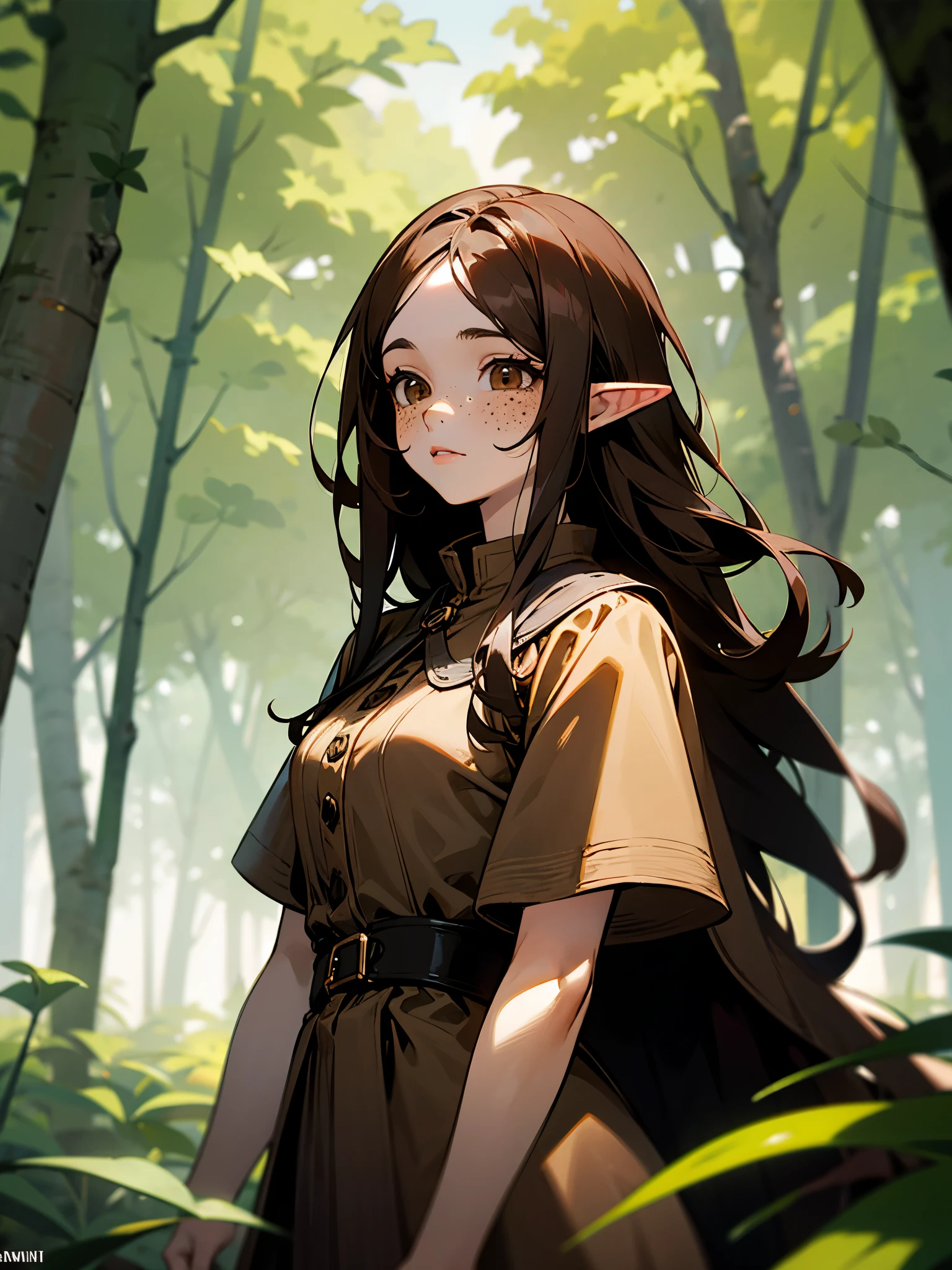 Elf girl, long brown hair, brown eyes, freckles, brown clothes in a forest