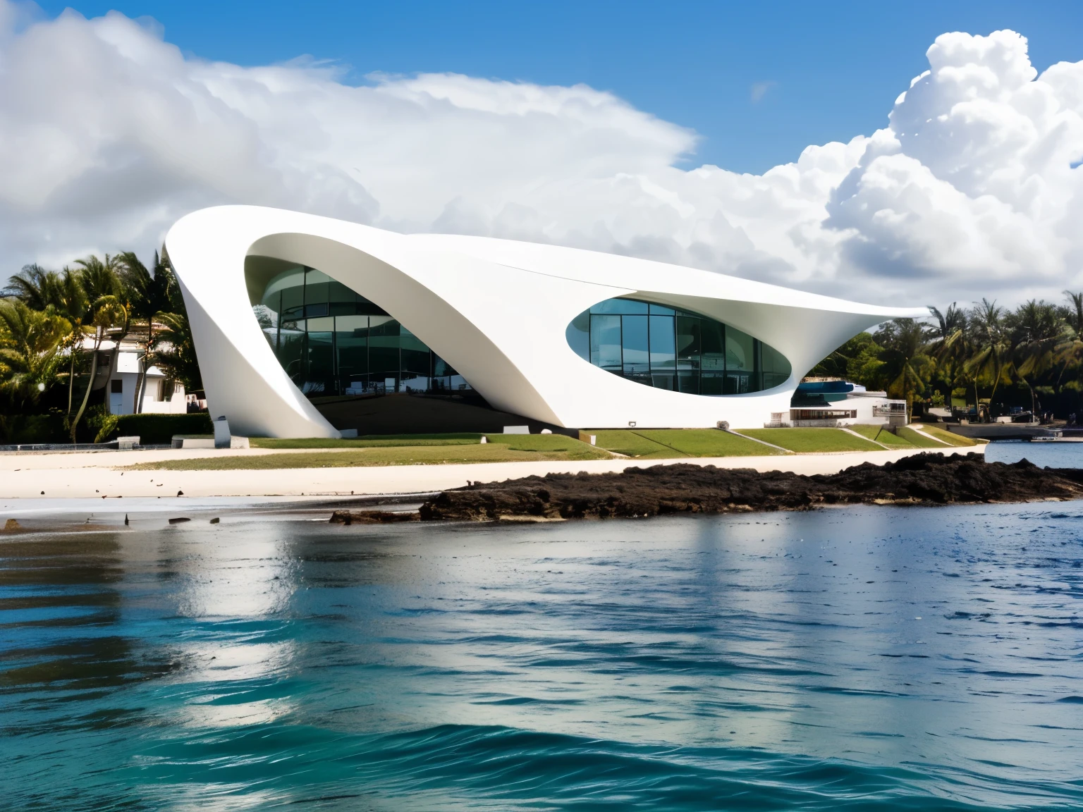 foto crua, (biomorphic museum building seen from outside), ((front elevation)), ((formas africanas)), (limestone), Curvilinear, bordas curvas, Mediterranean sea environment, white sky, (luz difusa:1.3) (areia Branca), estilo minimalista, particulas sujas, fotografia de arquitetura, hiper-realista, super detalhado, 8k, Nikon Z6 mirrorless camera, Film grain