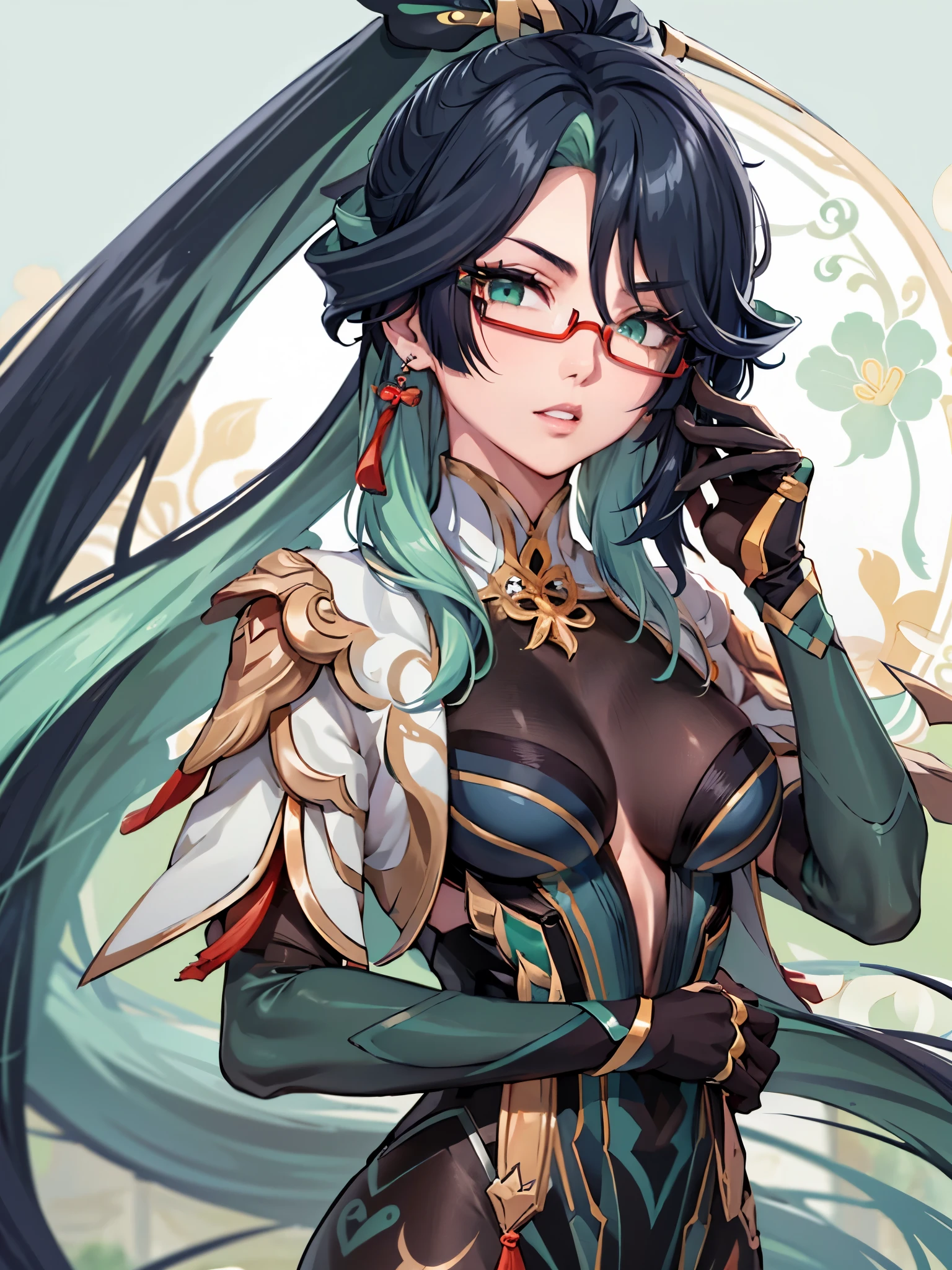 2d, masterpiece, best quality, anime, highly detailed face, perfect lighting, long hair, ponytail, multicolored hair, black hair, bangs, glasses, semi-rimless eyewear, earrings, green hair, hair ornament, jewelry, red-framed eyewear, chinese clothes, gloves, green eyes,  