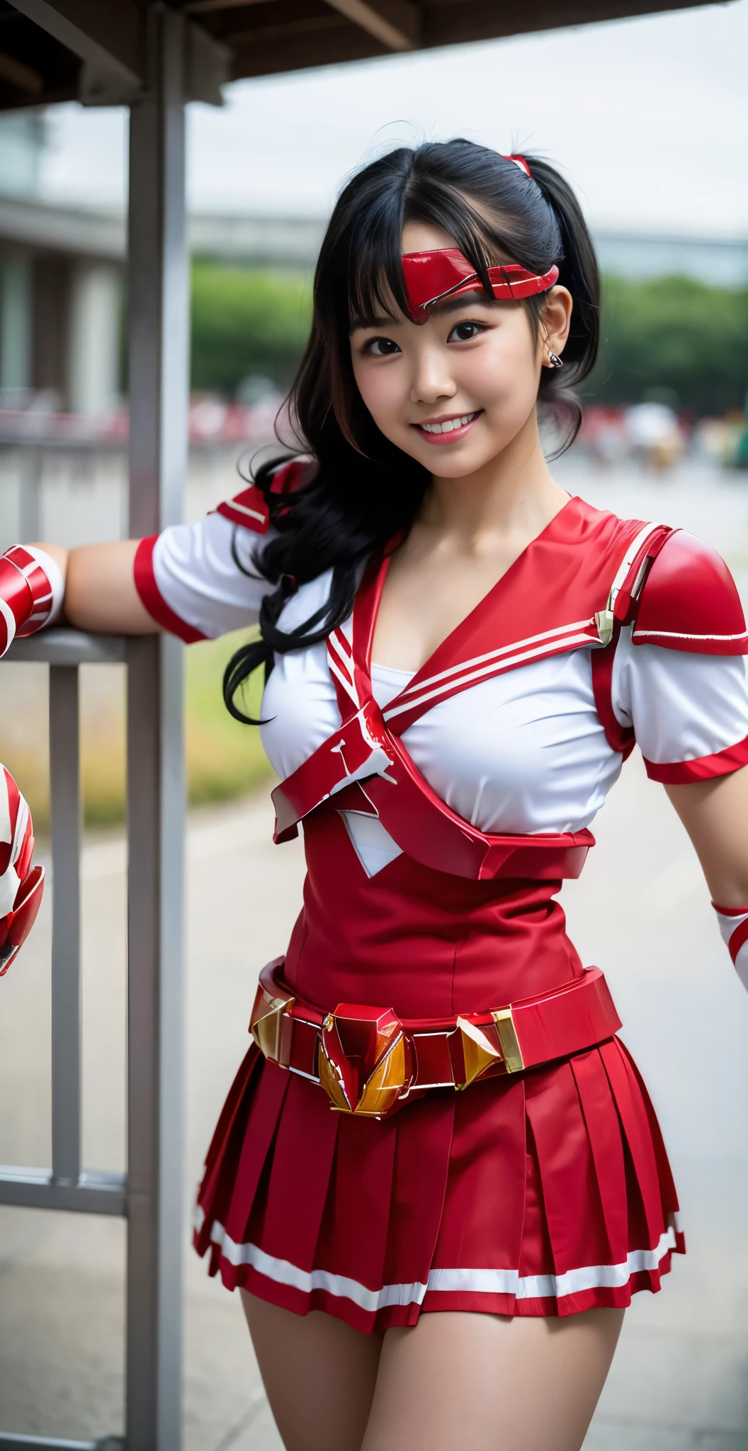 （8K、Raw photography、highest quality、masterpiece：1.2),(black haired:1.9),(twin tails、Curly hair:1.3)、show viewer,Looking at the front,erotic,white skin,(She is wearing the costume of the beautiful warrior Red Ranger.:1.8)、(Clothing that emphasizes the shape of your chest:1.4)、(big breasts:1.2)、slim body shape、ultra high resolution,beautiful,beautiful fece,(alone, alone、no background:1.9),whole bodyボディー,japanese woman,（Photoreal：1.37）、photon mapping,reality、(Cute with a : 1.5)、(cute smile: 1.7)、(With a round face: 1.8)、radio city、Physically based rendering、depth of field rally background、photograph, (I can see your knees,close up of thighs、too short skirt:1.5),whole body、super fine