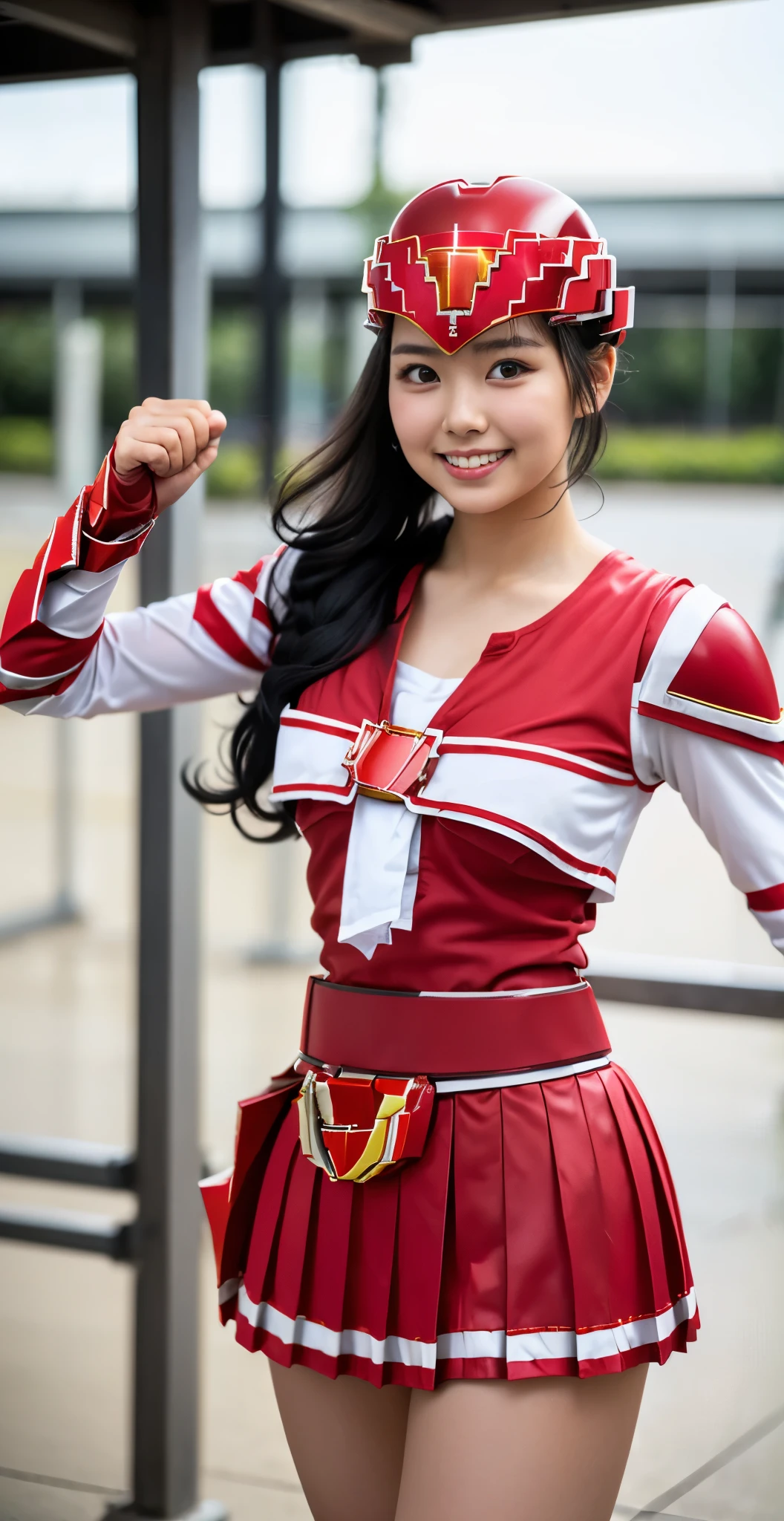 （8K、Raw photography、highest quality、masterpiece：1.2),(black haired:1.9),(twin tails、Curly hair:1.3)、show viewer,Looking at the front,erotic,white skin,(She is wearing the costume of the beautiful warrior Red Ranger.:1.8)、(Clothing that emphasizes the shape of your chest:1.4)、(big breasts:1.2)、slim body shape、ultra high resolution,beautiful,beautiful fece,(alone, alone、no background:1.9),whole bodyボディー,japanese woman,（Photoreal：1.37）、photon mapping,reality、(Cute with a baby face: 1.5)、(cute smile: 1.7)、(With a round face: 1.8)、radio city、Physically based rendering、depth of field rally background、photograph, (I can see your knees,close up of thighs、too short skirt:1.5),whole body、super fine