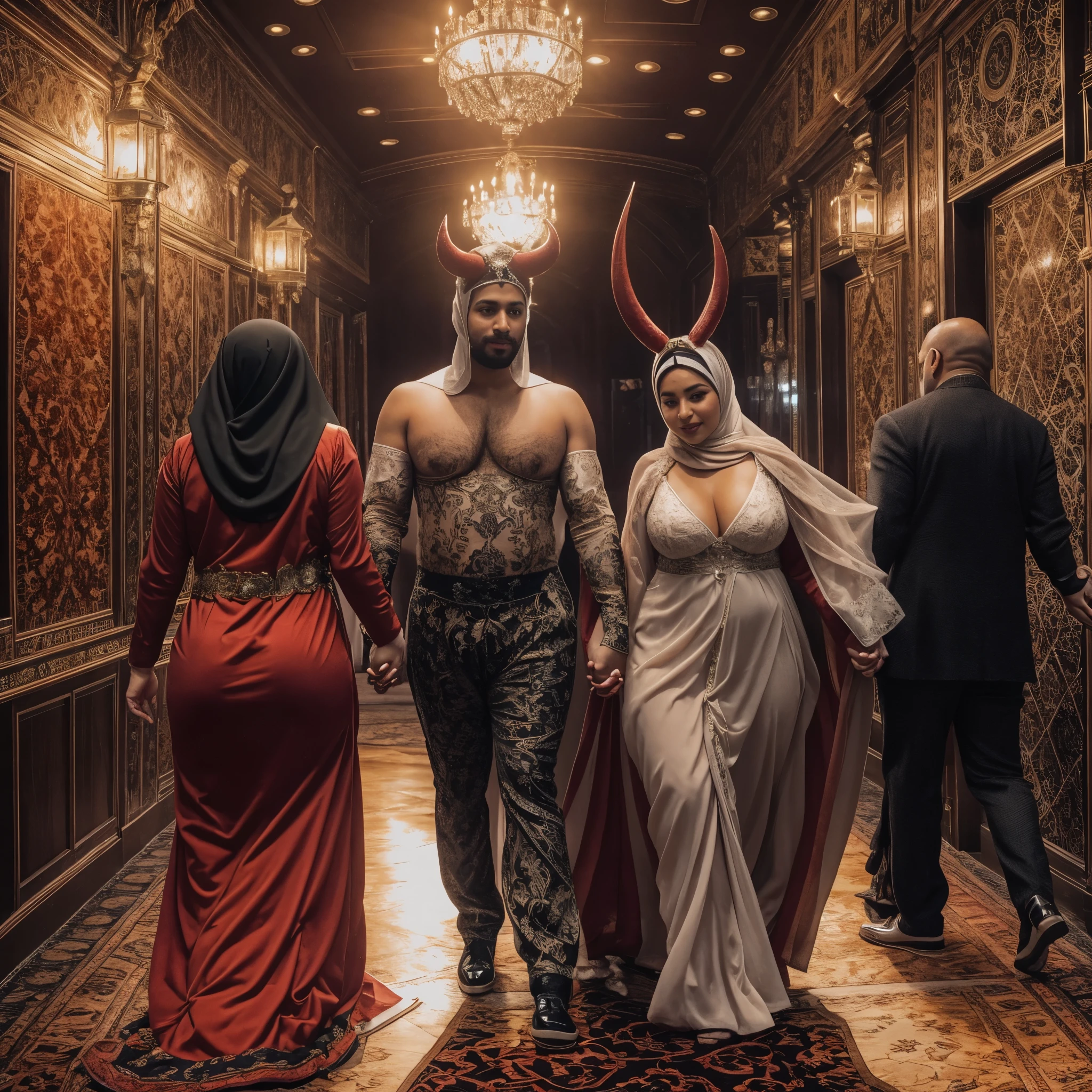 Husband holding hands of big and big curves hijabi wife wearing devil horns entering royal sex club, wife is topless