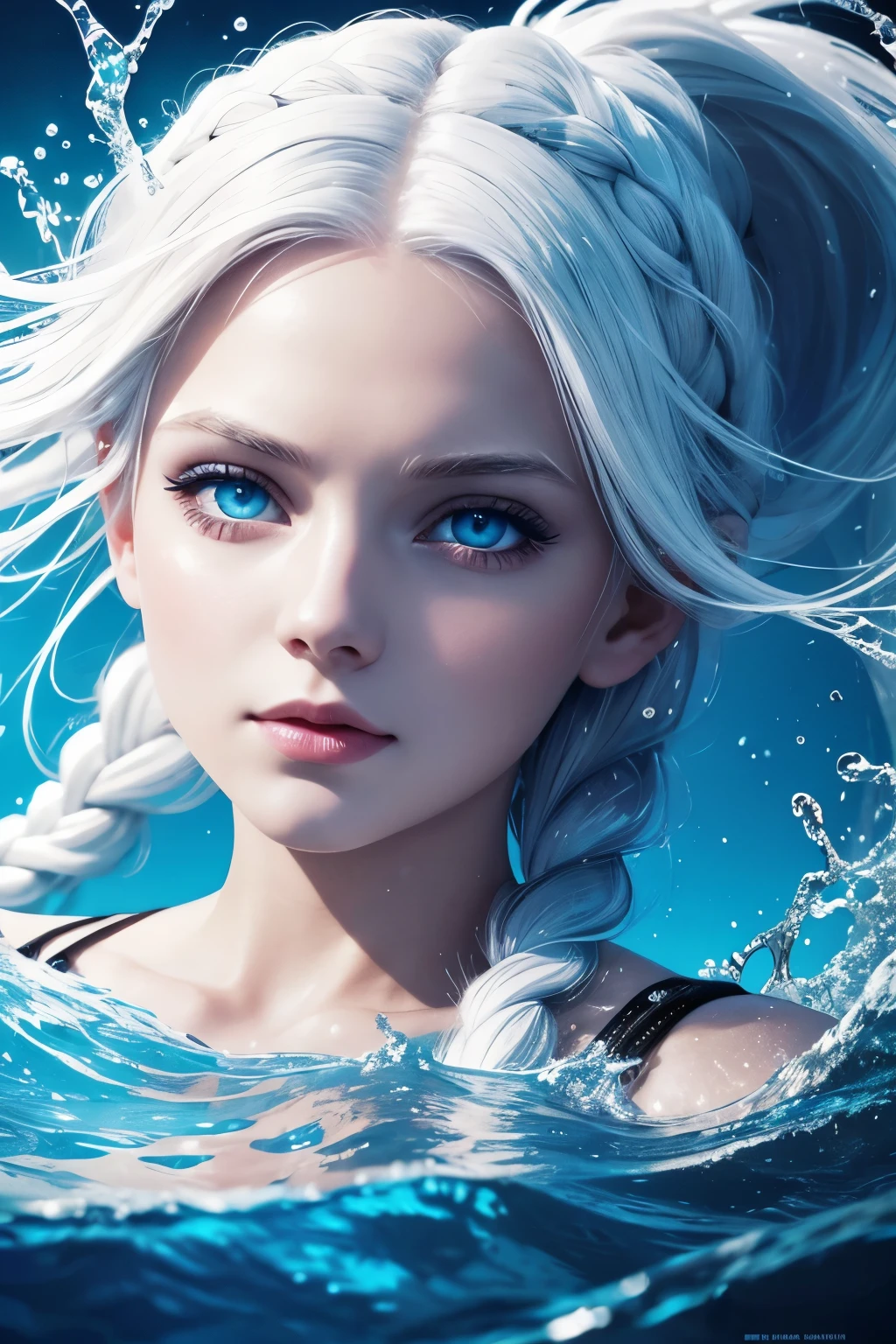 1 girl, white hair, braids, blue eyes manipulating water, wallpaper, high contrast, colorful