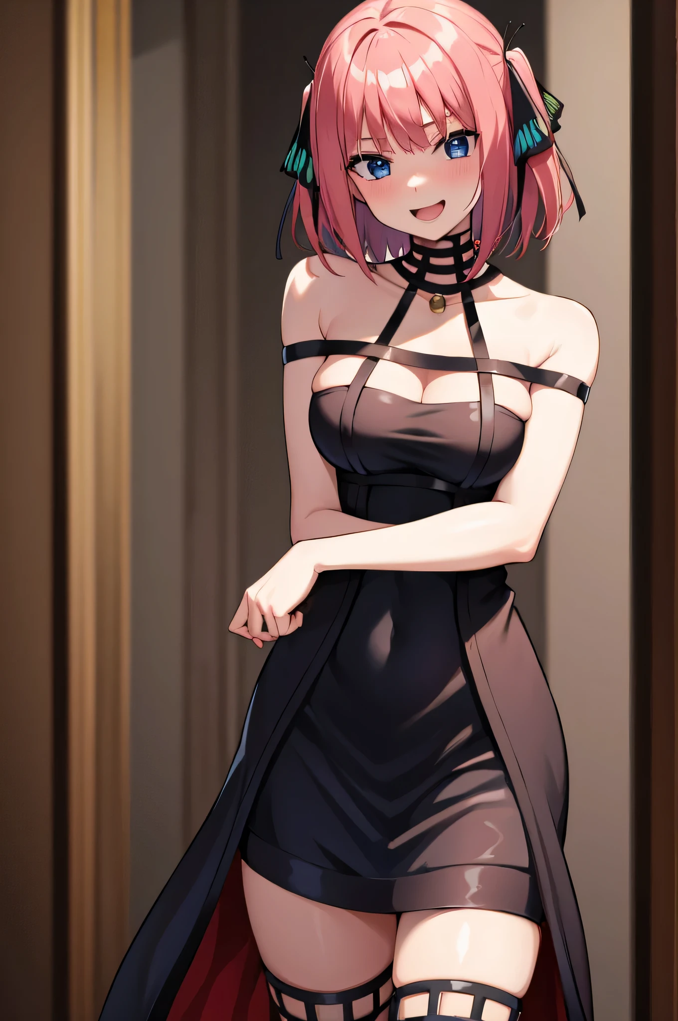 2d, masterpiece, best quality, anime, highly detailed, 1 girl, solo, cowboy shot, nakano nino, pink hair, short hair, butterfly hair ornament, blue eyes, large breasts, medium waist, medium hips, wide thighs, standing, Smile with open mouth, Solo、absurderes、Black Dress、black thighhighs、Fingerless gloves、cleavage of the breast、plein air smile, seductive, embarrassed, closed mouth, good lighting, sunset,