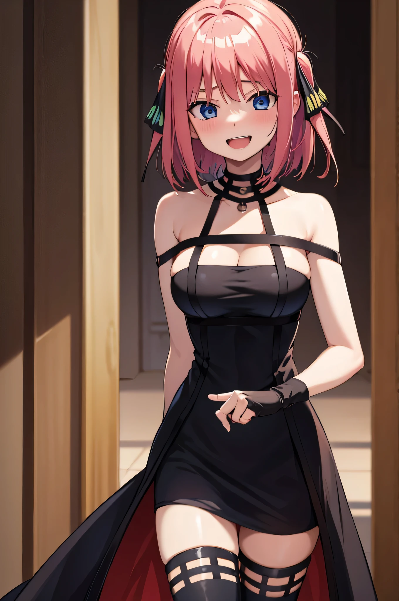 2d, masterpiece, best quality, anime, highly detailed, 1 girl, solo, cowboy shot, nakano nino, pink hair, short hair, butterfly hair ornament, blue eyes, large breasts, medium waist, medium hips, wide thighs, standing, Smile with open mouth, Solo、absurderes、Black Dress、black thighhighs、Fingerless gloves、cleavage of the breast、plein air smile, seductive, embarrassed, closed mouth, good lighting, sunset,