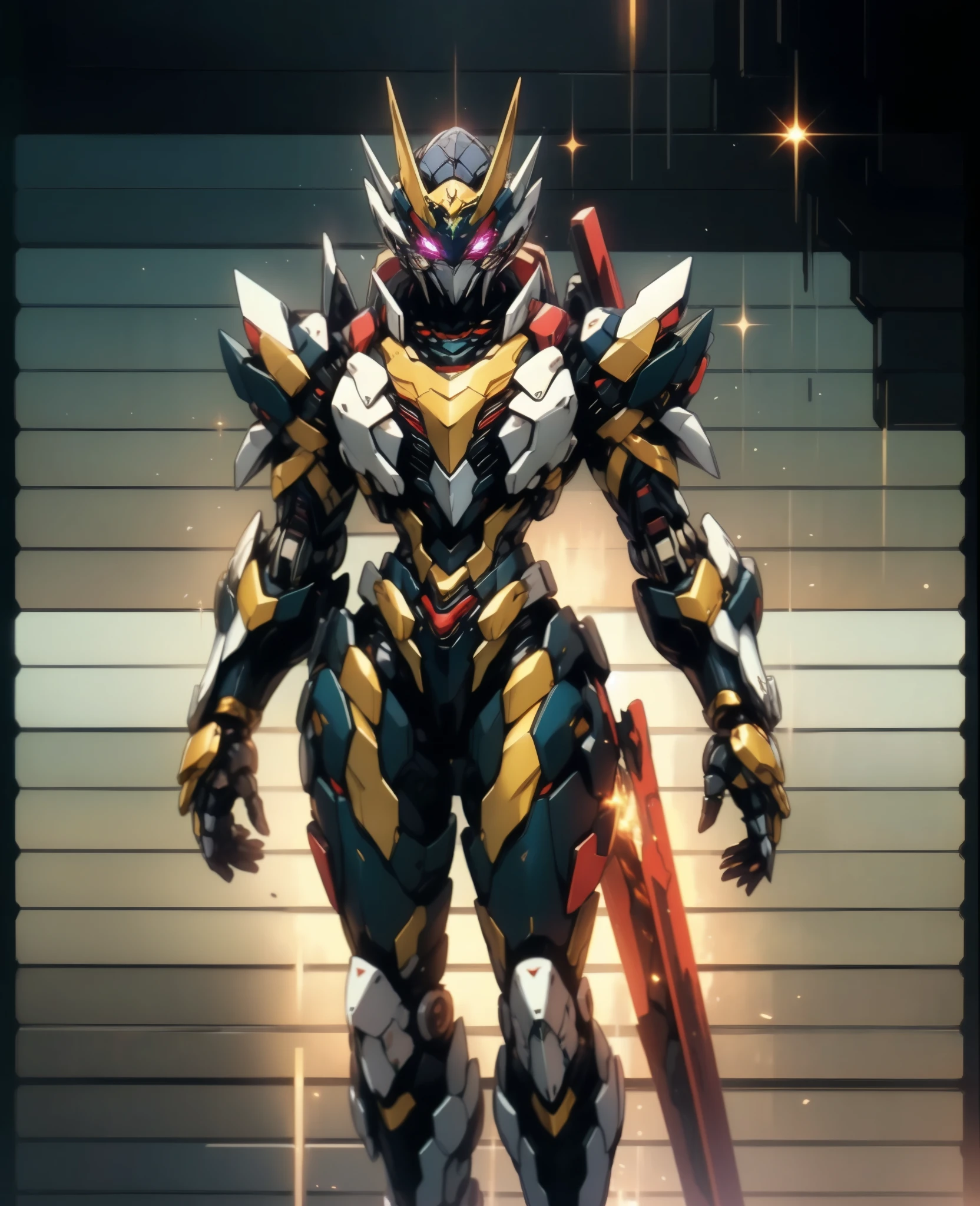 A woman adorned in fantasy-style full-body armor, a crown-concept fully enclosed helmet that unveils only her eyes, a composite layered chest plate, fully encompassing shoulder and hand guards, a lightweight waist armor, form-fitting shin guards, the overall design is heavy-duty yet flexible, (the armor gleams with a golden glow, complemented by red and blue accents), exhibiting a noble aura, she floats above a fantasy-surreal high-tech city, this character embodies a finely crafted fantasy-surreal style armored hero in anime style, exquisite and mature manga art style, (Queen Bee Concept Armor, plasma, blood), ((Element, bio mecha, long legs, elegant, goddess, femminine:1.5)), metallic, high definition, best quality, highres, ultra-detailed, ultra-fine painting, extremely delicate, professional, anatomically correct, symmetrical face, extremely detailed eyes and face, high quality eyes, creativity, RAW photo, UHD, 32k, Natural light, cinematic lighting, masterpiece-anatomy-perfect, masterpiece:1.5