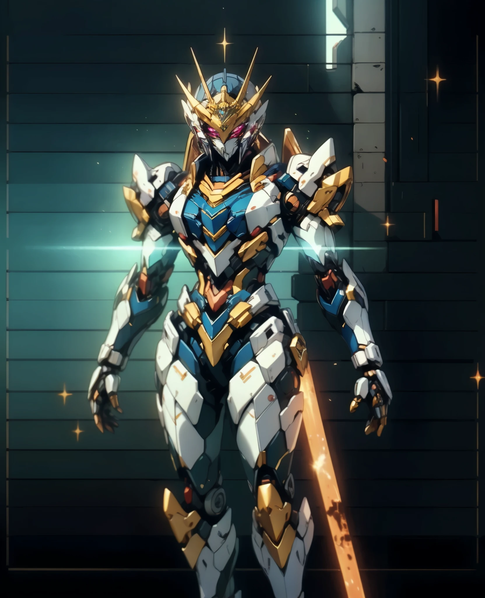 A woman adorned in fantasy-style full-body armor, a crown-concept fully enclosed helmet that unveils only her eyes, a composite layered chest plate, fully encompassing shoulder and hand guards, a lightweight waist armor, form-fitting shin guards, the overall design is heavy-duty yet flexible, (the armor gleams with a golden glow, complemented by red and blue accents), exhibiting a noble aura, she floats above a fantasy-surreal high-tech city, this character embodies a finely crafted fantasy-surreal style armored hero in anime style, exquisite and mature manga art style, (Queen Bee Concept Armor, plasma, blood), ((Element, bio mecha, long legs, elegant, goddess, femminine:1.5)), metallic, high definition, best quality, highres, ultra-detailed, ultra-fine painting, extremely delicate, professional, anatomically correct, symmetrical face, extremely detailed eyes and face, high quality eyes, creativity, RAW photo, UHD, 32k, Natural light, cinematic lighting, masterpiece-anatomy-perfect, masterpiece:1.5