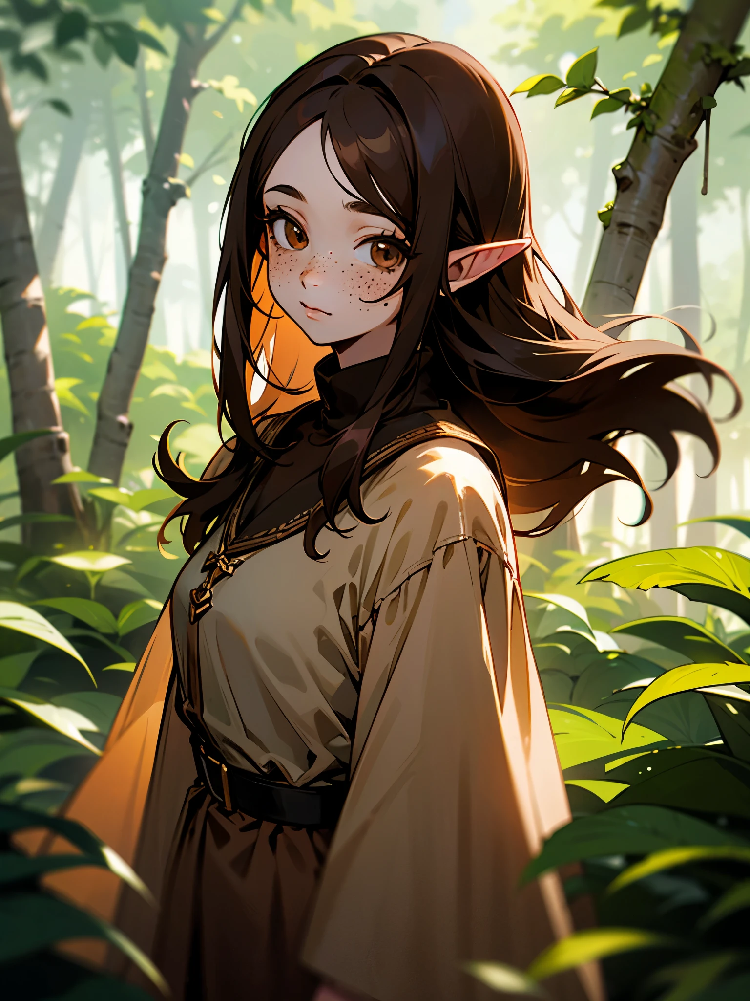 Elf girl, long brown hair, brown eyes, freckles, brown clothes in a forest