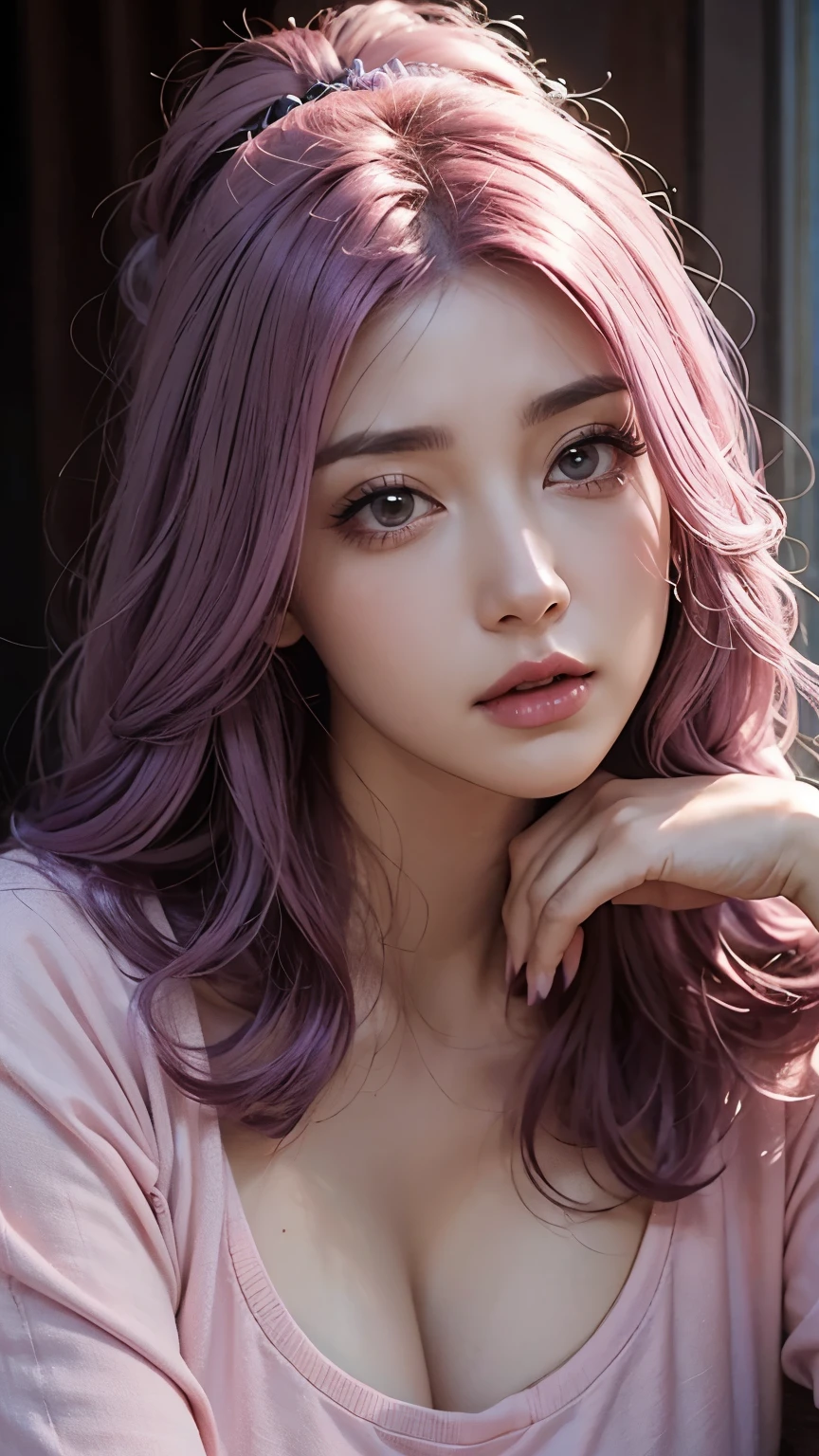 A angry mommy with long light pink soft purple hair, perfect big booba , good quality, detailed beauty face
