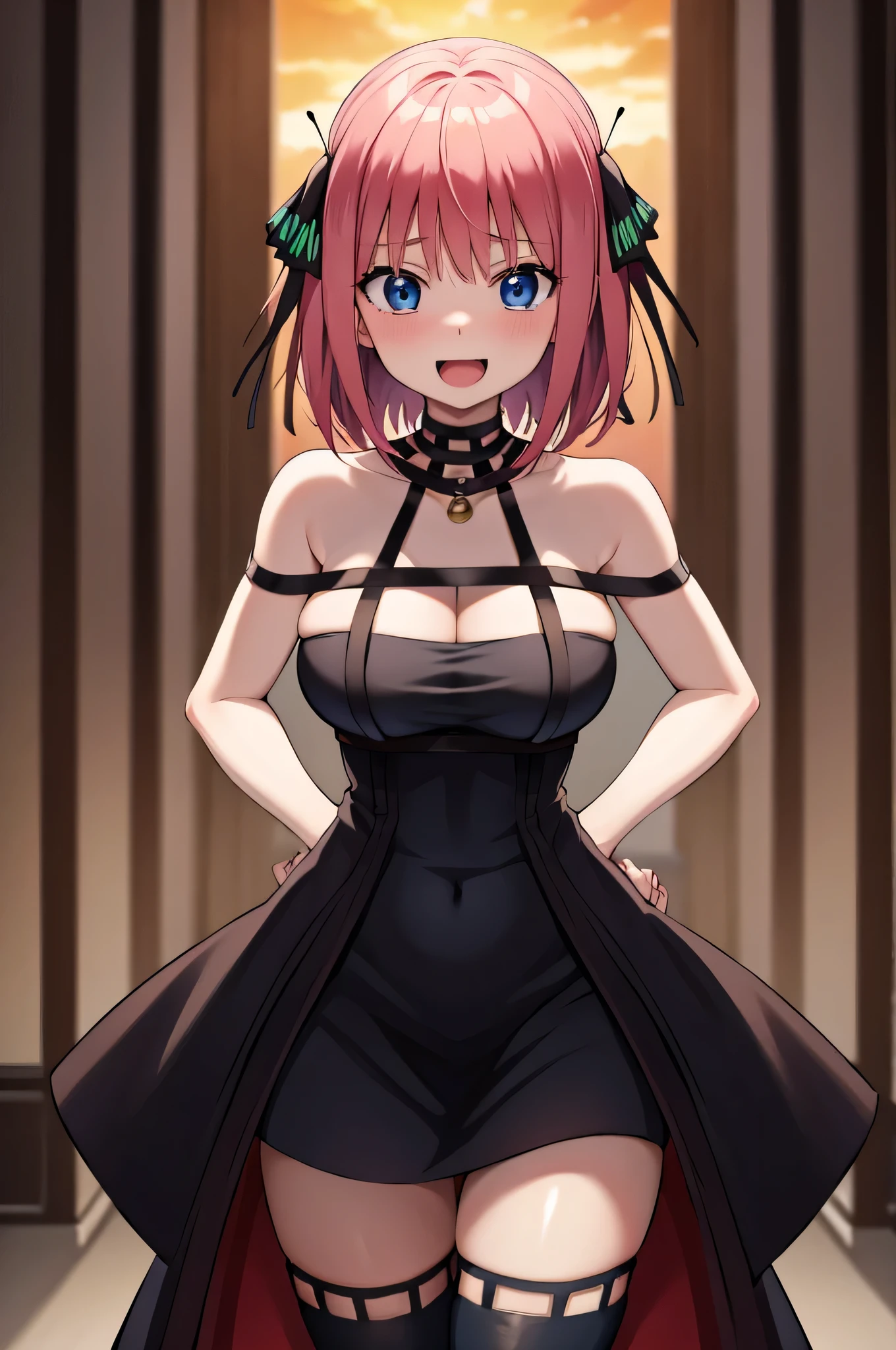 2d, masterpiece, best quality, anime, highly detailed, 1 girl, solo, cowboy shot, nakano nino, pink hair, short hair, butterfly hair ornament, blue eyes, huge breasts, medium waist, medium hips, wide thighs, standing, Smile with open mouth, Solo、absurderes、Black Dress、black thighhighs、Fingerless gloves、cleavage of the breast、plein air smile, seductive, embarrassed, closed mouth, good lighting, sunset,