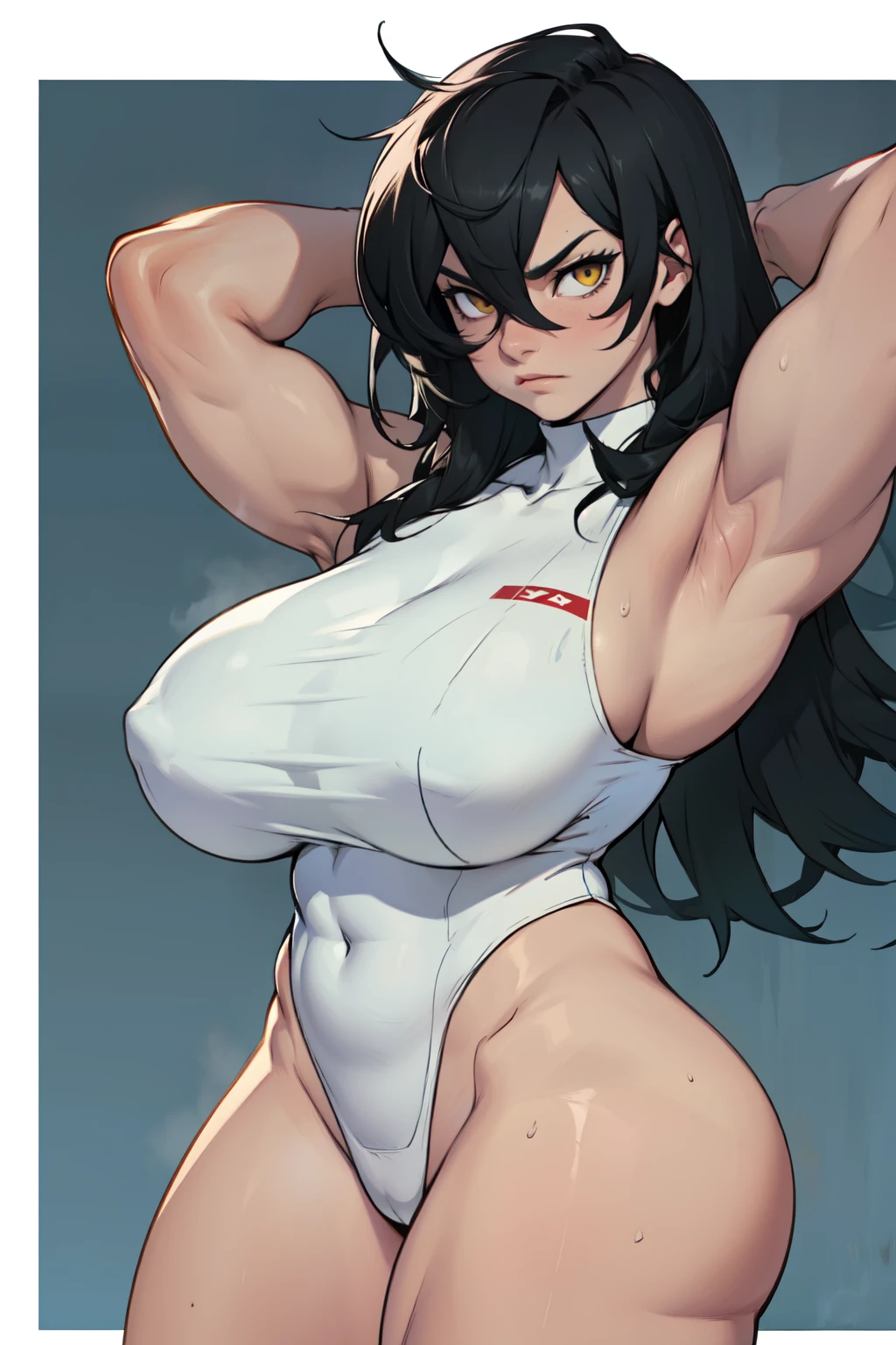muscular girl black hair yellow eyes pale skin sad expressionless huge breasts