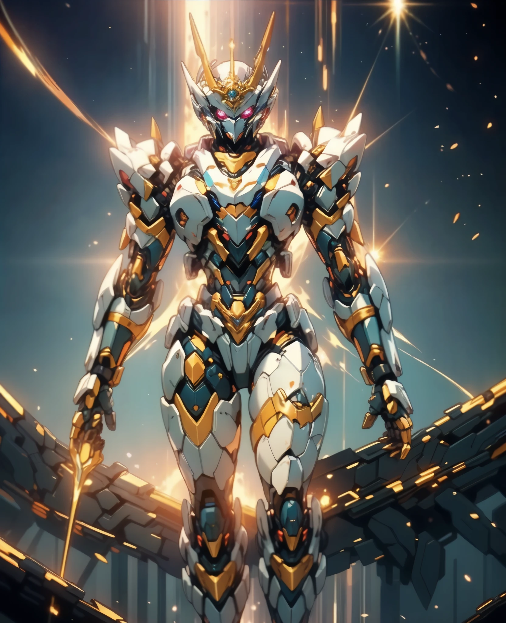 A woman adorned in fantasy-style full-body armor, a crown-concept fully enclosed helmet that unveils only her eyes, a composite layered chest plate, fully encompassing shoulder and hand guards, a lightweight waist armor, form-fitting shin guards, the overall design is heavy-duty yet flexible, (the armor gleams with a golden glow, complemented by red and blue accents), exhibiting a noble aura, she floats above a fantasy-surreal high-tech city, this character embodies a finely crafted fantasy-surreal style armored hero in anime style, exquisite and mature manga art style, (Queen Bee Concept Armor, plasma, blood), ((Element, bio mecha, long legs, elegant, goddess, femminine:1.5)), metallic, high definition, best quality, highres, ultra-detailed, ultra-fine painting, extremely delicate, professional, anatomically correct, symmetrical face, extremely detailed eyes and face, high quality eyes, creativity, RAW photo, UHD, 32k, Natural light, cinematic lighting, masterpiece-anatomy-perfect, masterpiece:1.5