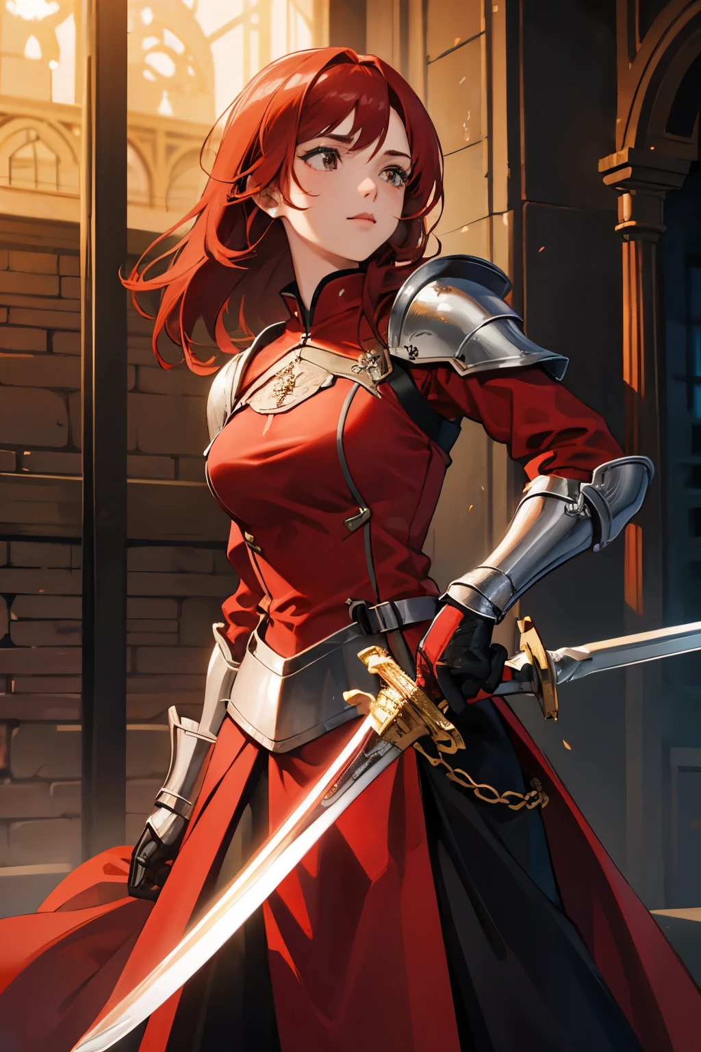 Red hair female knight polishing her sword