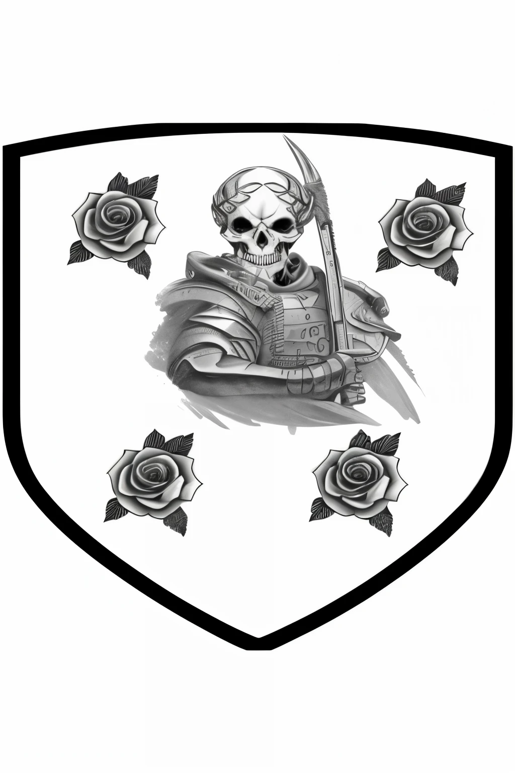 um desenho de uma caveira com uma espada e rosas em um escudo, inspired by Edo Murtić, detailed arms, inspirado em Kanō Hōgai, Zdzislaw, Direction: Otakar Sedlon, inspirado em William Bonnar, Casa Telvanni, inspired by József Koszta, Lt. Aleksander Orłowski