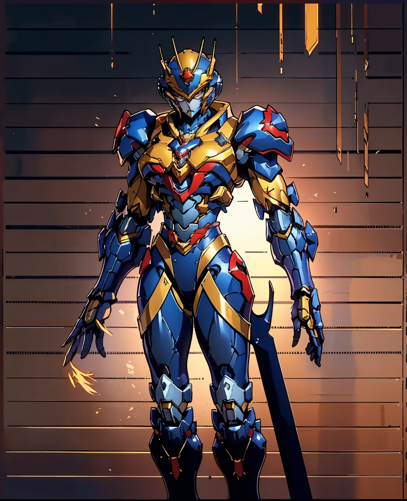 A woman adorned in fantasy-style full-body armor, a crown-concept fully enclosed helmet that unveils only her eyes, a composite layered chest plate, fully encompassing shoulder and hand guards, a lightweight waist armor, form-fitting shin guards, the overall design is heavy-duty yet flexible, (the armor gleams with a golden glow, complemented by red and blue accents), exhibiting a noble aura, she floats above a fantasy-surreal high-tech city, this character embodies a finely crafted fantasy-surreal style armored hero in anime style, exquisite and mature manga art style, (Queen Bee Concept Armor, plasma, blood), ((Element, bio mecha, long legs, elegant, goddess, femminine:1.5)), metallic, high definition, best quality, highres, ultra-detailed, ultra-fine painting, extremely delicate, professional, anatomically correct, symmetrical face, extremely detailed eyes and face, high quality eyes, creativity, RAW photo, UHD, 32k, Natural light, cinematic lighting, masterpiece-anatomy-perfect, masterpiece:1.5