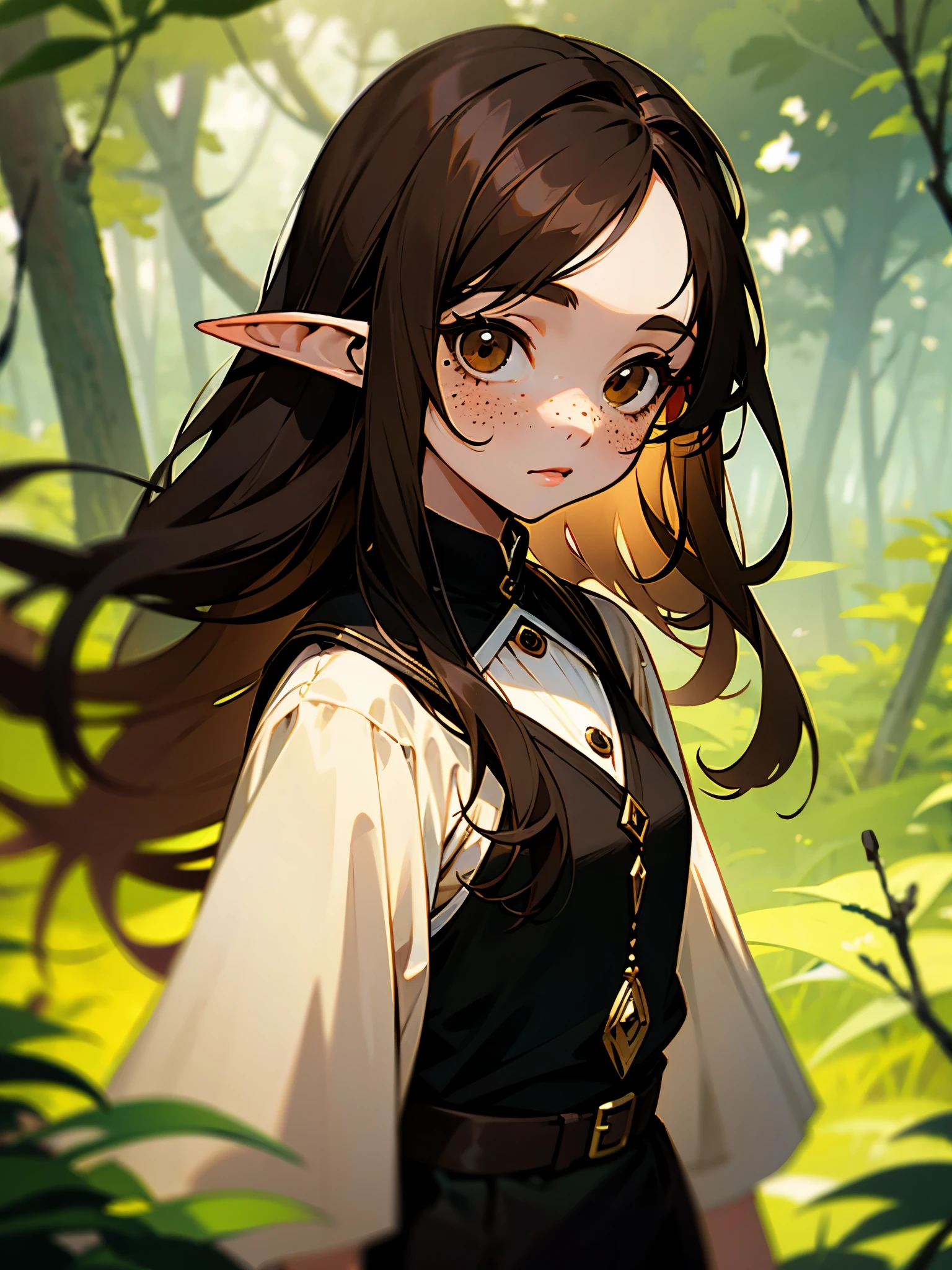 Elf girl, long brown hair, brown eyes, freckles, brown and black clothes, in a forest