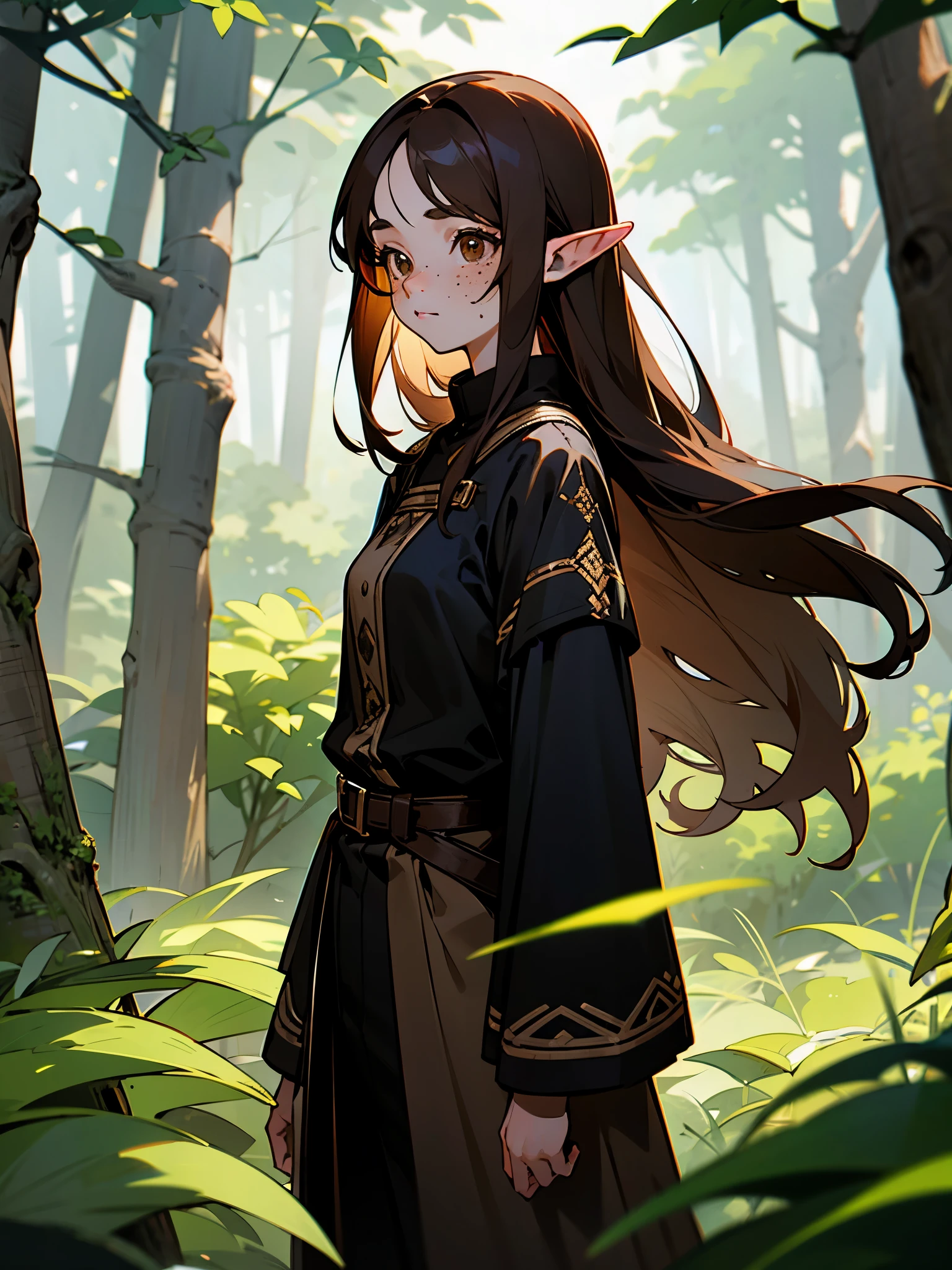 Elf girl, long brown hair, brown eyes, freckles, brown and black clothes, in a forest