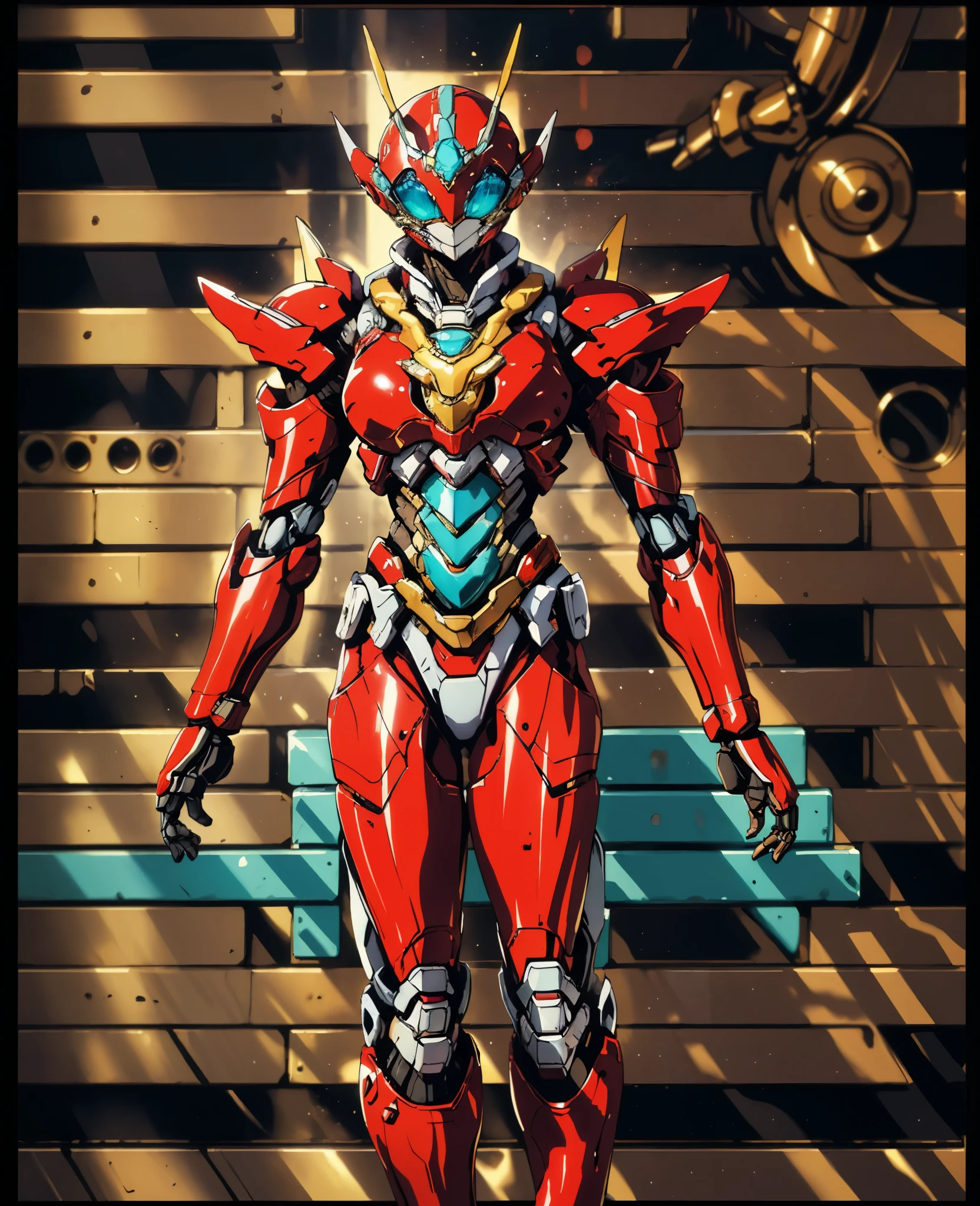 A woman adorned in fantasy-style full-body armor, a crown-concept fully enclosed helmet that unveils only her eyes, a composite layered chest plate, fully encompassing shoulder and hand guards, a lightweight waist armor, form-fitting shin guards, the overall design is heavy-duty yet flexible, (the armor gleams with a golden glow, complemented by red and blue accents), exhibiting a noble aura, she floats above a fantasy-surreal high-tech city, this character embodies a finely crafted fantasy-surreal style armored hero in anime style, exquisite and mature manga art style, (Queen Bee Concept Armor, plasma, blood), ((Element, bio mecha, long legs, elegant, goddess, femminine:1.5)), metallic, high definition, best quality, highres, ultra-detailed, ultra-fine painting, extremely delicate, professional, anatomically correct, symmetrical face, extremely detailed eyes and face, high quality eyes, creativity, RAW photo, UHD, 32k, Natural light, cinematic lighting, masterpiece-anatomy-perfect, masterpiece:1.5