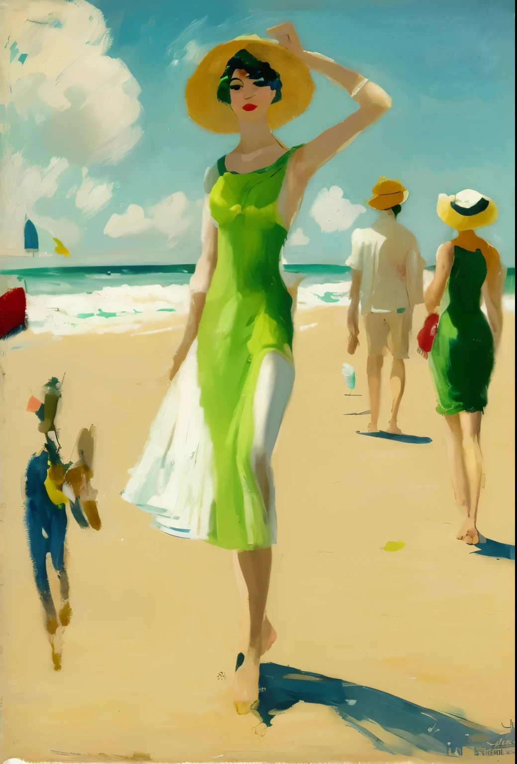 painting of a woman in a green dress and hat walking em uma praia, Direção: Kees van Dongen, na praia, woman na praia, em uma praia, por Pruett Carter, inspirado em Nils von Dardel, na praia, inspirado em Noémi Ferenczy, Direção: William Glackens, João Dupas, cena de praia