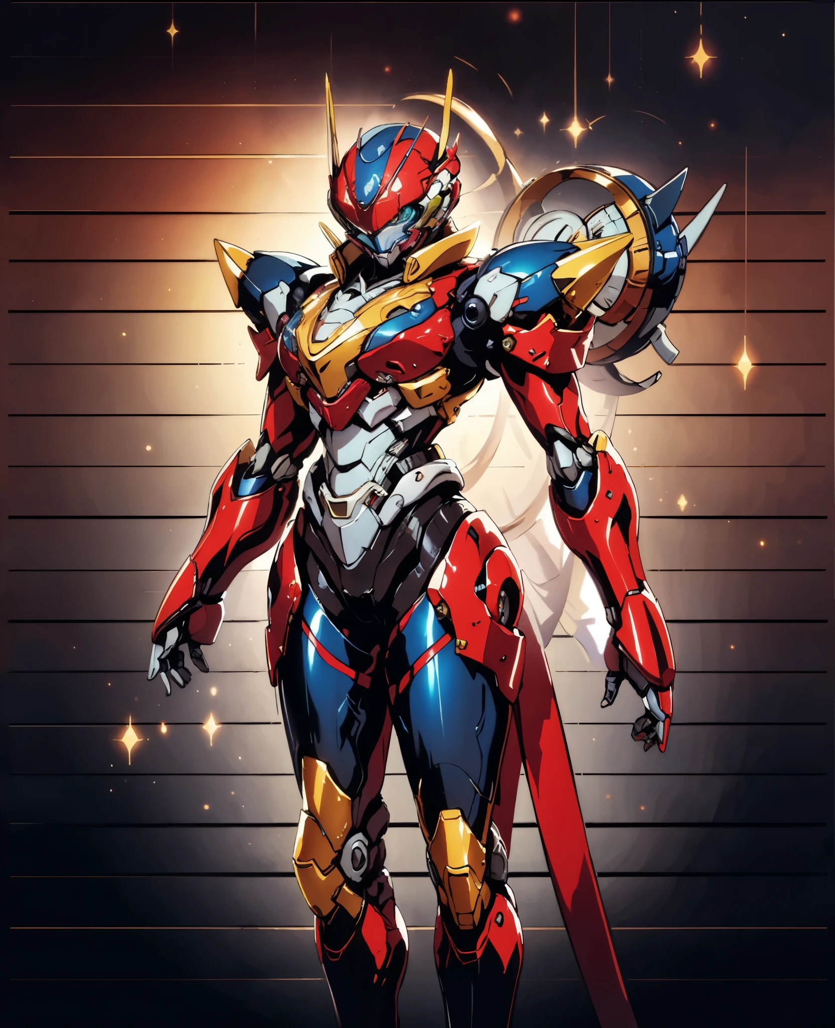 A woman adorned in fantasy-style full-body armor, a crown-concept fully enclosed helmet that unveils only her eyes, a composite layered chest plate, fully encompassing shoulder and hand guards, a lightweight waist armor, form-fitting shin guards, the overall design is heavy-duty yet flexible, (the armor gleams with a golden glow, complemented by red and blue accents), exhibiting a noble aura, she floats above a fantasy-surreal high-tech city, this character embodies a finely crafted fantasy-surreal style armored hero in anime style, exquisite and mature manga art style, (Queen Bee Concept Armor, plasma, blood), ((Element, bio mecha, long legs, elegant, goddess, femminine:1.5)), metallic, high definition, best quality, highres, ultra-detailed, ultra-fine painting, extremely delicate, professional, anatomically correct, symmetrical face, extremely detailed eyes and face, high quality eyes, creativity, RAW photo, UHD, 32k, Natural light, cinematic lighting, masterpiece-anatomy-perfect, masterpiece:1.5