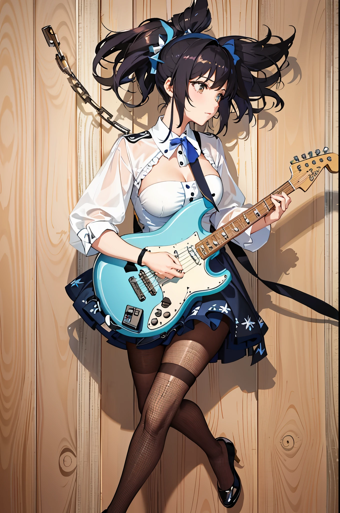 morceau de masséter、23 ans,(Anime girl allongée sur le sol、Lumière douce、(gêné de)、(minijupe grise、Porter des collants noirs、retrousser la jupe、Tricots blancs) joue de la guitar , la fille joue de la guitare, tres sexy , cum on face , shy , medium breast , medium tits , lingery , the girl is in ligery , very sexy girl , cute ,