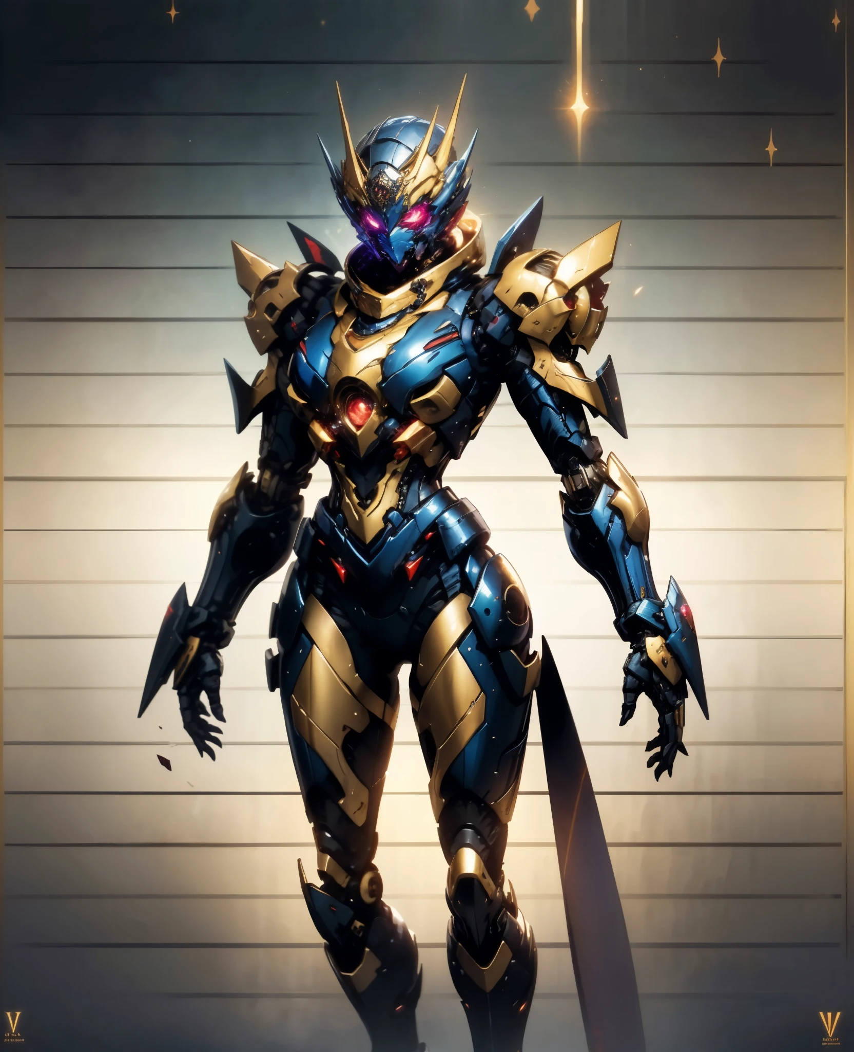A woman adorned in fantasy-style full-body armor, a crown-concept fully enclosed helmet that unveils only her eyes, a composite layered chest plate, fully encompassing shoulder and hand guards, a lightweight waist armor, form-fitting shin guards, the overall design is heavy-duty yet flexible, (the armor gleams with a golden glow, complemented by red and blue accents), exhibiting a noble aura, she floats above a fantasy-surreal high-tech city, this character embodies a finely crafted fantasy-surreal style armored hero in anime style, exquisite and mature manga art style, (Queen Bee Concept Armor, plasma, blood), ((Element, bio mecha, long legs, elegant, goddess, femminine:1.5)), metallic, high definition, best quality, highres, ultra-detailed, ultra-fine painting, extremely delicate, professional, anatomically correct, symmetrical face, extremely detailed eyes and face, high quality eyes, creativity, RAW photo, UHD, 32k, Natural light, cinematic lighting, masterpiece-anatomy-perfect, masterpiece:1.5