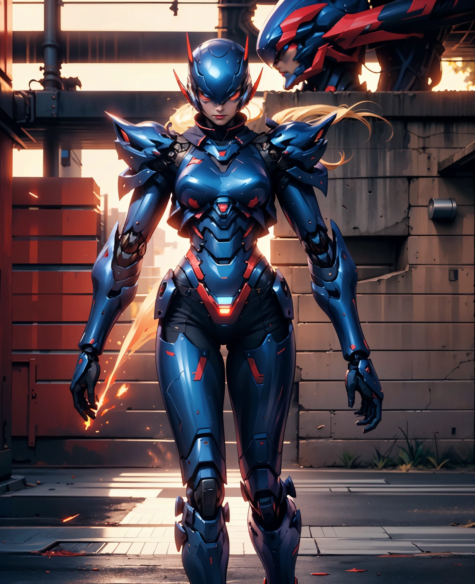 A woman adorned in fantasy-style full-body armor, a crown-concept fully enclosed helmet that unveils only her eyes, a composite layered chest plate, fully encompassing shoulder and hand guards, a lightweight waist armor, form-fitting shin guards, the overall design is heavy-duty yet flexible, (the armor gleams with a golden glow, complemented by red and blue accents), exhibiting a noble aura, she floats above a fantasy-surreal high-tech city, this character embodies a finely crafted fantasy-surreal style armored hero in anime style, exquisite and mature manga art style, (Spider Concept Armor, plasma, blood), ((Element, bio mecha, long legs, elegant, goddess, femminine:1.5)), metallic, high definition, best quality, highres, ultra-detailed, ultra-fine painting, extremely delicate, professional, anatomically correct, symmetrical face, extremely detailed eyes and face, high quality eyes, creativity, RAW photo, UHD, 32k, Natural light, cinematic lighting, masterpiece-anatomy-perfect, masterpiece:1.5