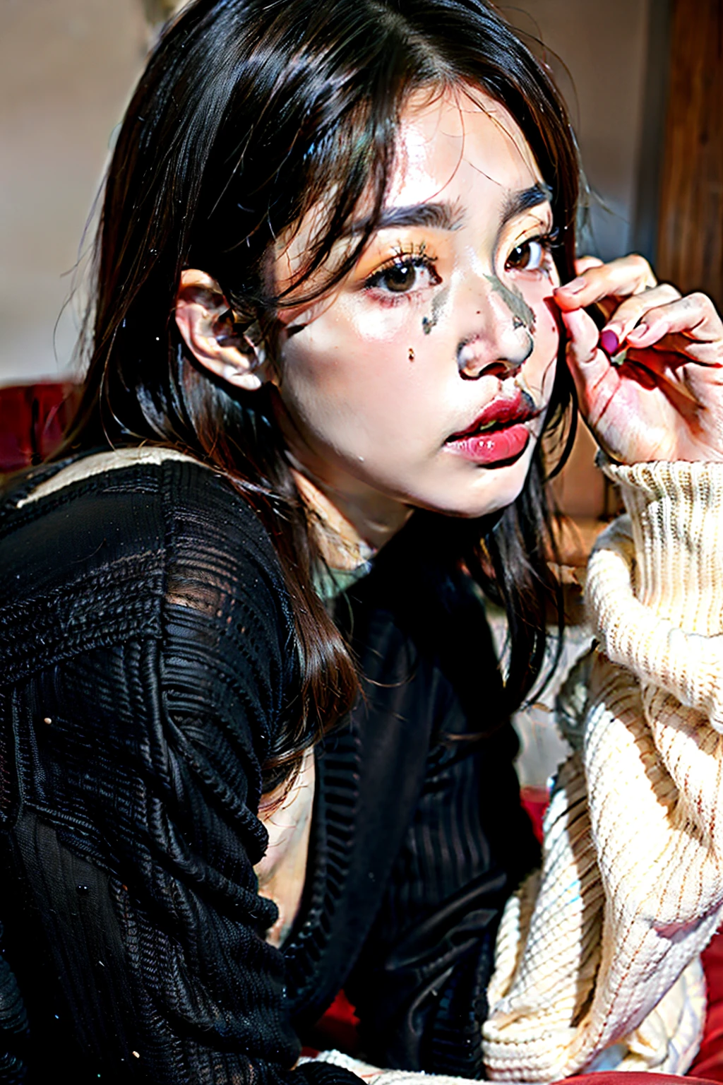 1koreanphillpinoboy,sweater black,in bedroom, up close pouting lips photo