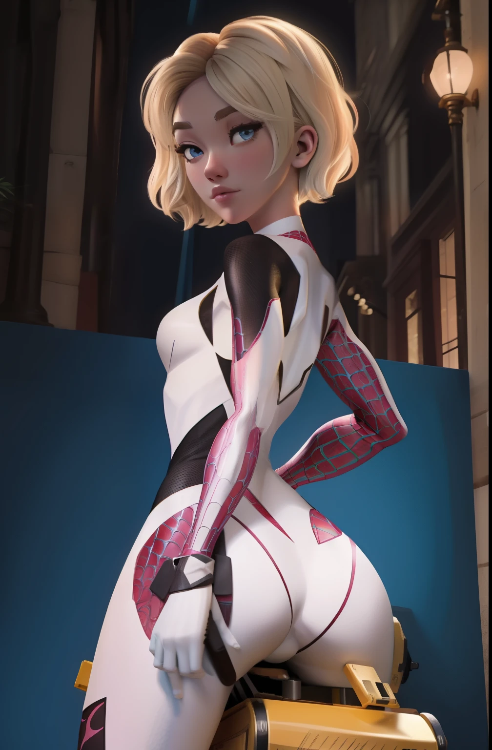 (masterpiece, Best quality), complex parts,
1 girl, Gwen Stacy, blonde hair , short hair, animification ,eyebrow piercing,Spider-Gwen Costume , bodysuit , superhero ,Big ass