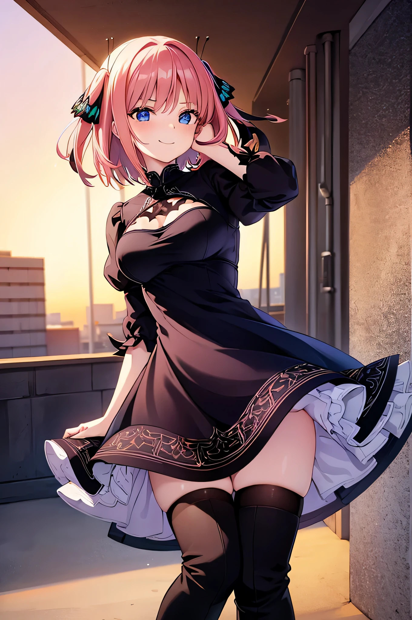 2d, masterpiece, best quality, anime, highly detailed, 1 girl, solo, cowboy shot, nakano nino, pink hair, short hair, butterfly hair ornament, blue eyes, large breasts, black-white dress, lower part of the dress with a cutout on the side, black stockings, high black boots, medium waist, medium hips, wide thighs, standing, smile, seductive, embarrassed, closed mouth, good lighting, sunset,
