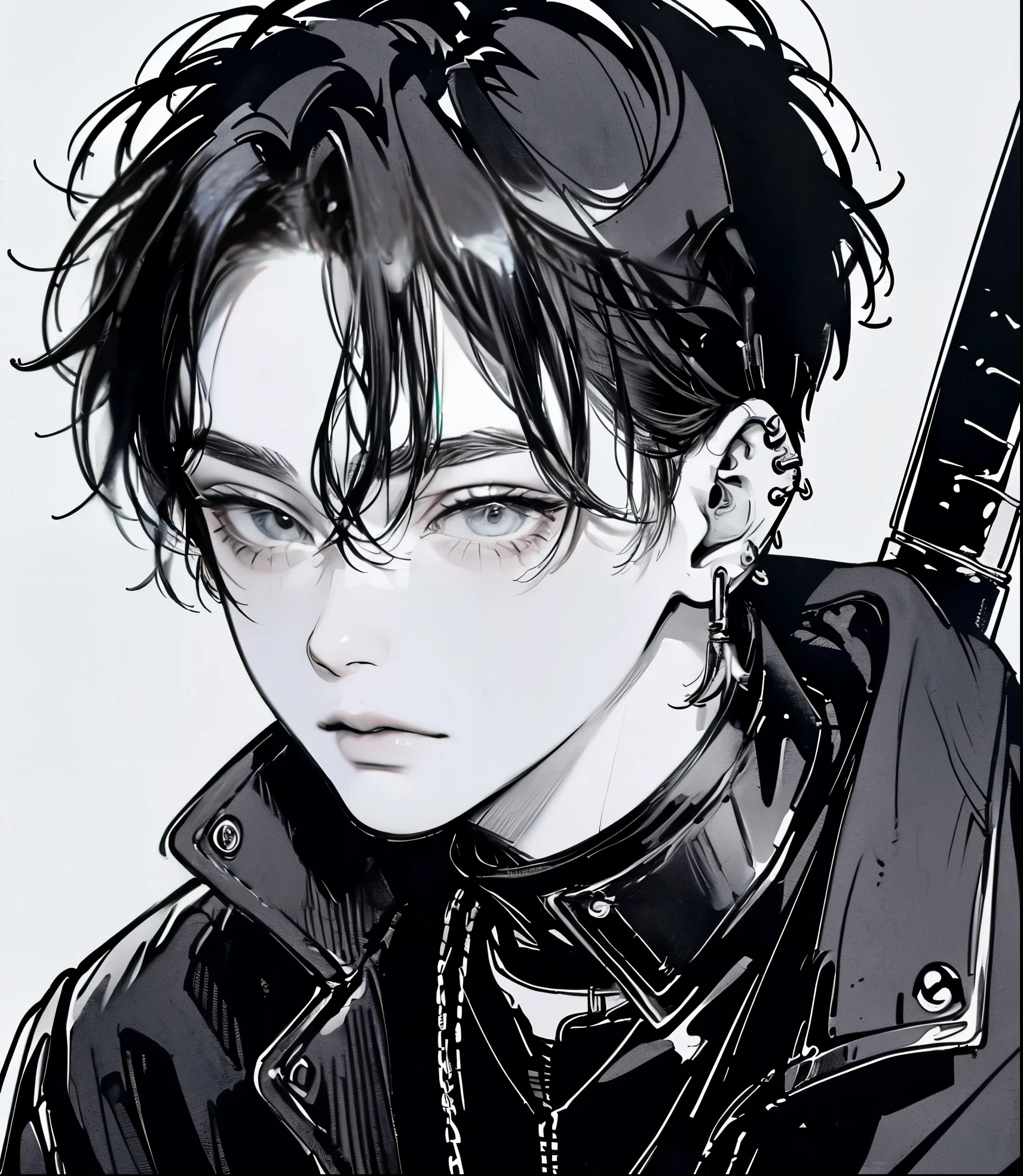 (4K works))、masterpiece、(top-quality)、((Midnight Night Road))、Korean Male、Adult male、((Adult 50 years old))、((Adult uncle type))、((Leather Jeans Style))、((Face similar to Hyunjin))、Cool Men、tall、((Gentle face))、((Long sleeve long trouser style))、((Smaller face))、Slim body、(((short-haired)))、((shot from front))、((Shot alone))、((Solo Photography))、Professional Photos、((He is in front of the viewer))、((Monochrome photography))、((Upper body photography))、((Wear a lot of piercings))、((Icon Photo))、((Sick Boys))、((Mine Boys))