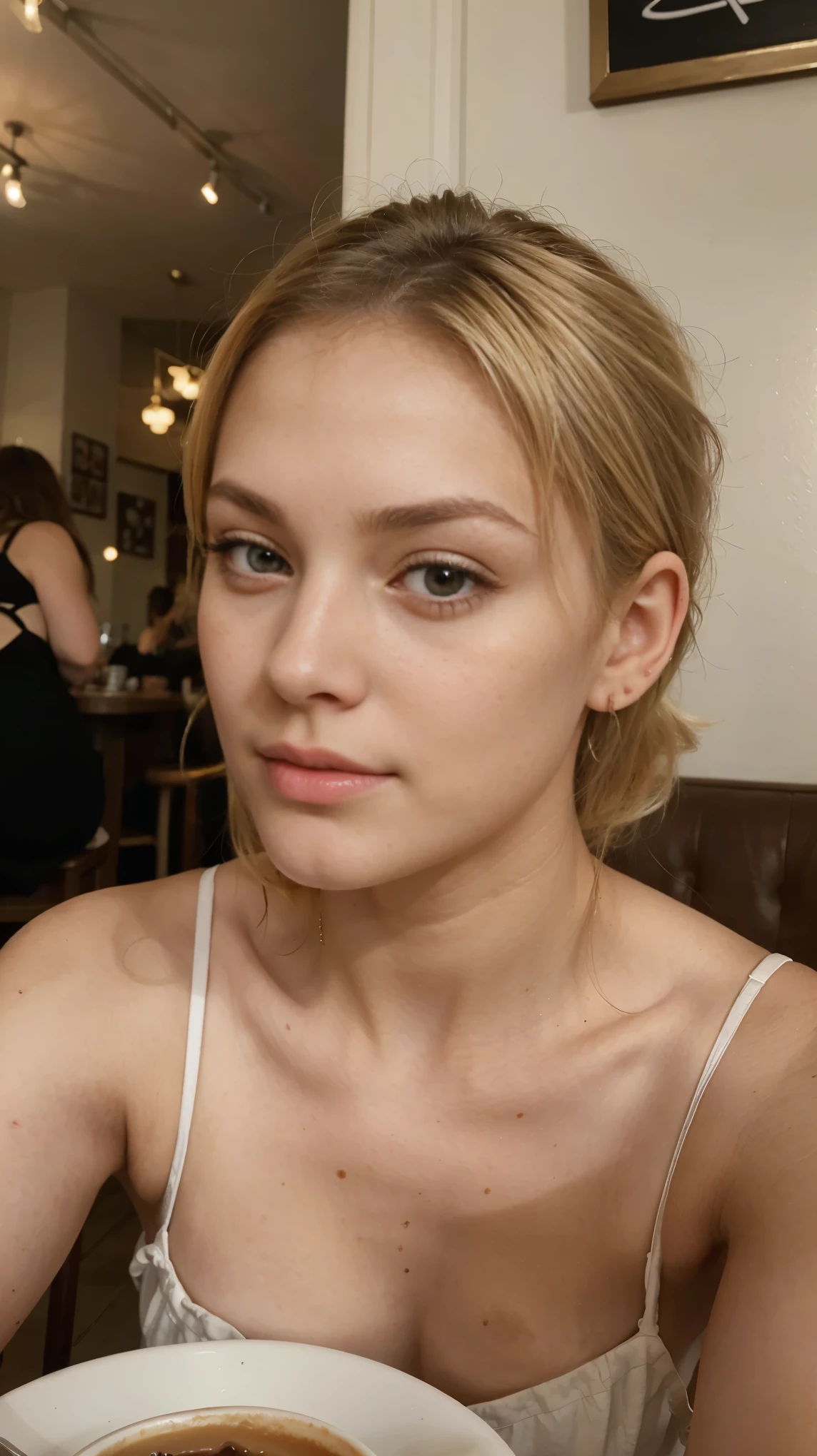 Photo of a 20-year-old blonde., he has a very natural face, thin lips, thin eyes, Thin eyebrows, thin nose, earrings, long eyelashes. She takes a cute selfie in a cafe. Ultra-realistic