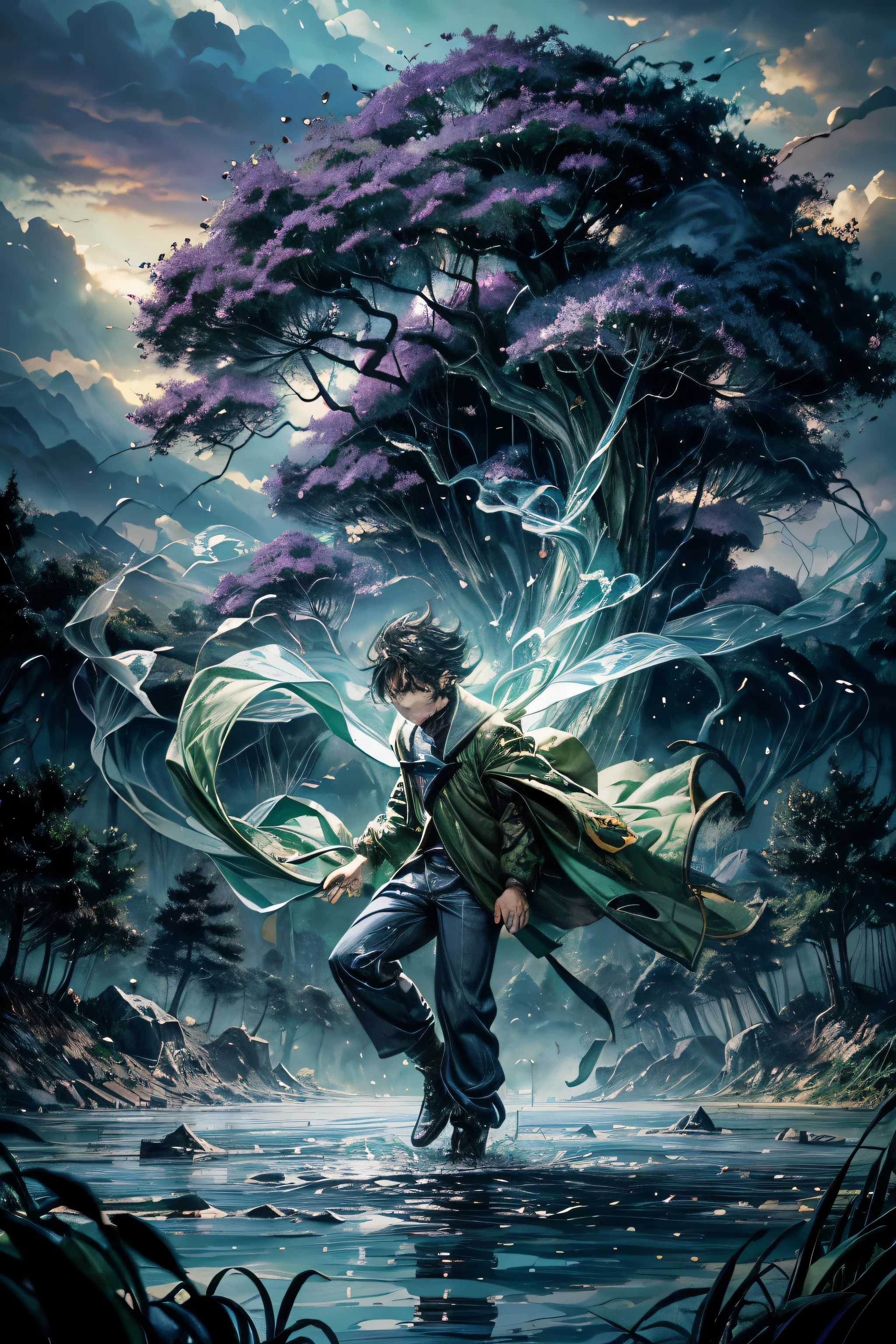 crazy and fantastic image ... personagem masculino, Menino de 10 anos, olhar intrigante e inteligente (inocente sim), flowing black hair, (um pouco louco, desorganizado) blue and green pants. floating between the trees, purple smoke like a whirlwind instead of legs . scenario, play park, lembra contos de fadas, luz difusa.