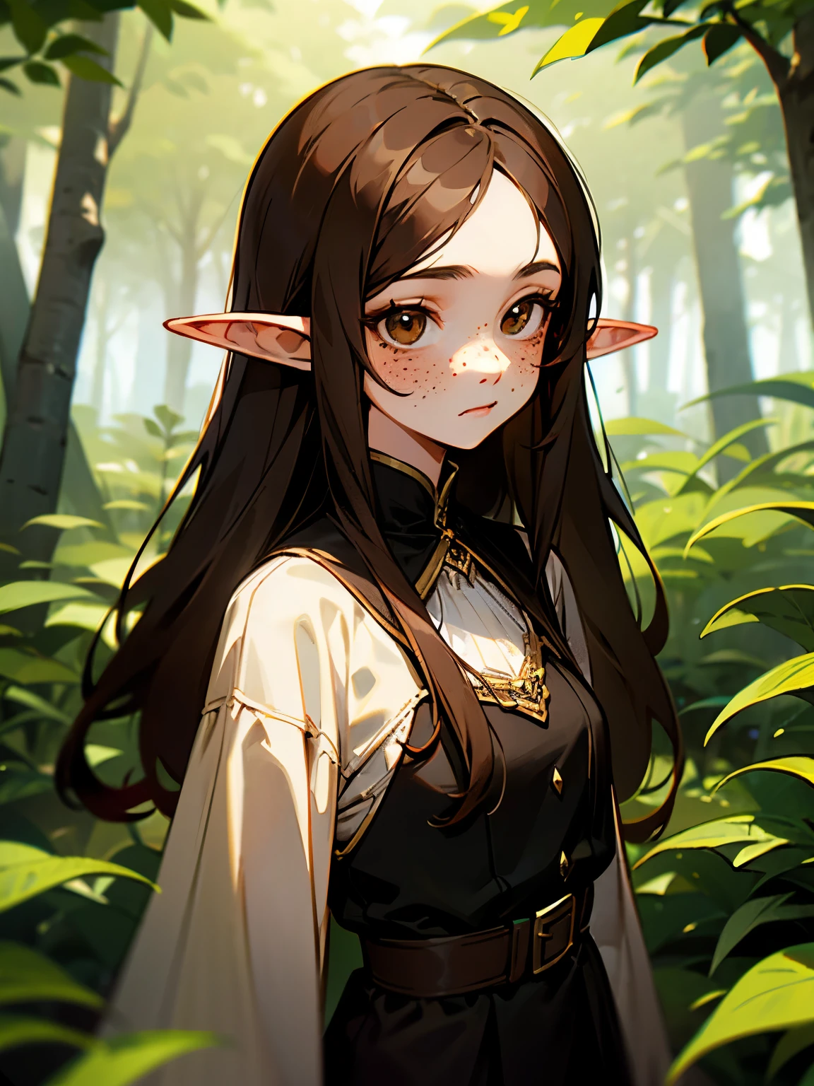 Elf girl, long brown hair, brown eyes, freckles, brown and black clothes, in a forest