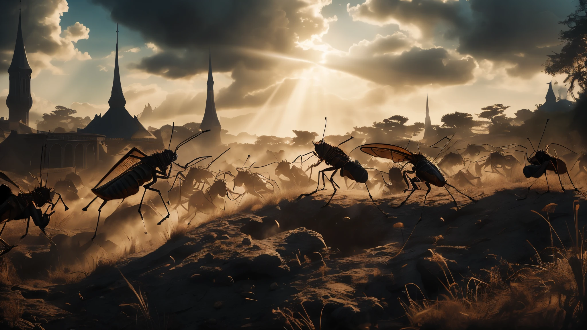 swarm of grasshoppers emerging from a dark smoking crater, these grasshoppers wear breastplates like iron armor, the heads of the grasshoppers are decorated with golden crowns, these grasshoppers have human faces, these grasshoppers have long hair, these grasshoppers have long and strong teeth, thes grasshoppers have powerful wings, these grasshoppers have scorpion tails, twilight atmosphere, Surrealism, high detail, anime, Gothic art, Expressionism, Realism, cinematic lighting, god rays, film grain, blurry foreground, vanishing point, from side, atmospheric perspective, panorama, masterpiece, textured skin, super detail, 8k, high quality