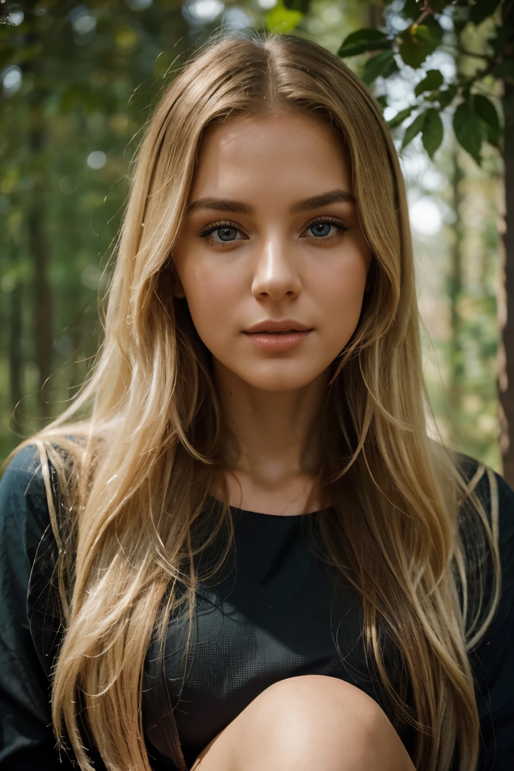 "A full body image of an elegant woman with strikingly long hair, flowing blonde hair falls over her shoulders, umrahmt ihr exquisites Gesicht. Ihre Augen, ein hypnotisierender, tiefer Farbton, kristallklares Blau, captivate the viewer with their intensity and depth. Das Modell strahlt einen zeitlosen Reiz aus, and her flawless features are both seductive and enchanting. This is a portrait of a stunningly beautiful and youthful blonde model, A true embodiment of grace and charm,saubere junge weiche Haut. Das Model steht in einem Wald"
